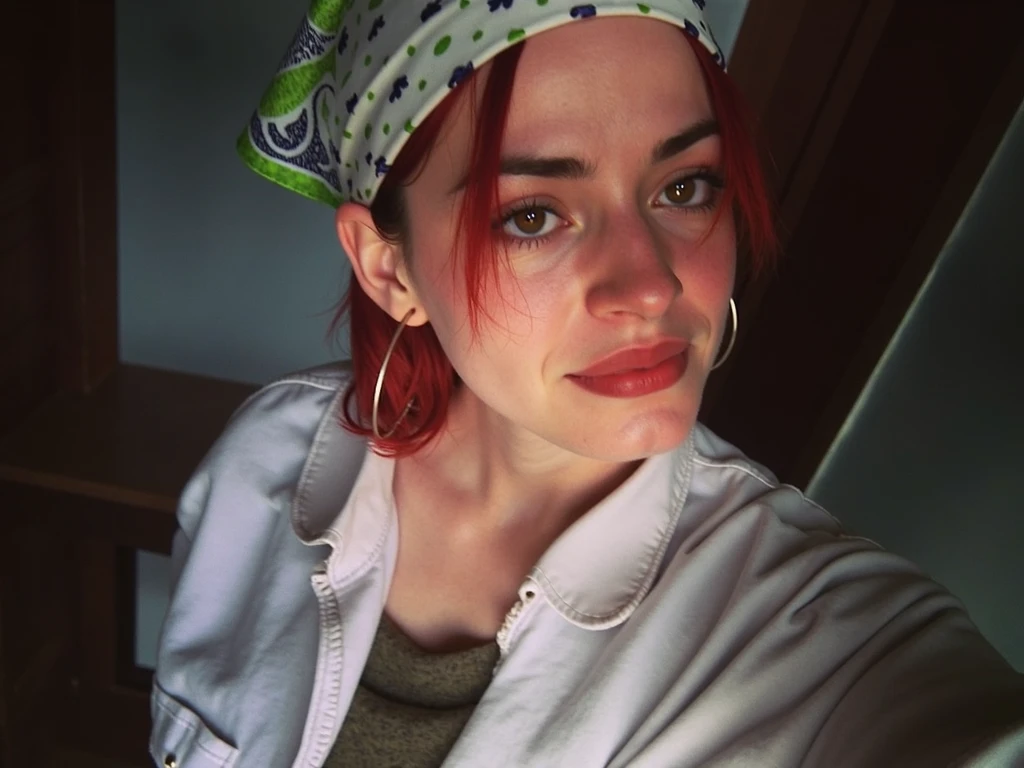 emilyrudd, nami, a woman with red hair wearing a bandana and a white shirt <lora:emilyrudd2:1>