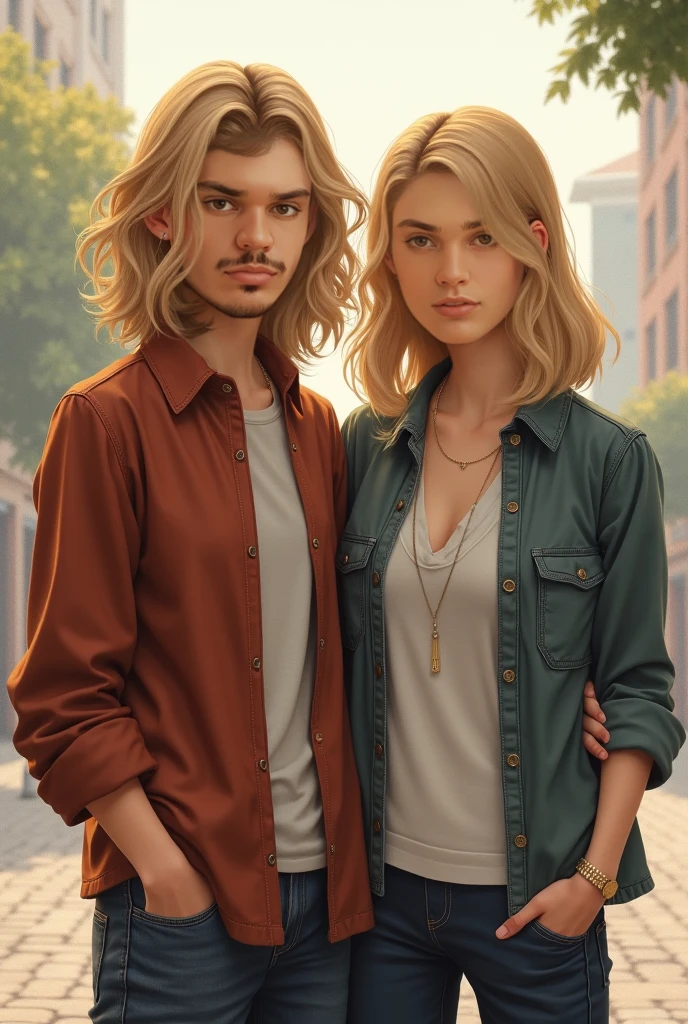 (1 girl), (1 adult man with beard), (masterpiece:1.2, best quality), (blonde girl with green eyes), mature man with brown hair and brown eyes, girl with a bun, happy couple, (correct anatomy), a high resolution, (beautiful detailed faces), (detailed beautiful eyes: 1.2), (anatomically correct hands), (detailed 8k wallpaper, masterpiece, best quality, best shadow), ( detailed background), (depth of field, blurry, bokeh:1.2), (best illumination, an extremely delicate and beautiful), (male and female), semi-realistic, evening dramatic lighting, sunset, in the background festival, sunset sky