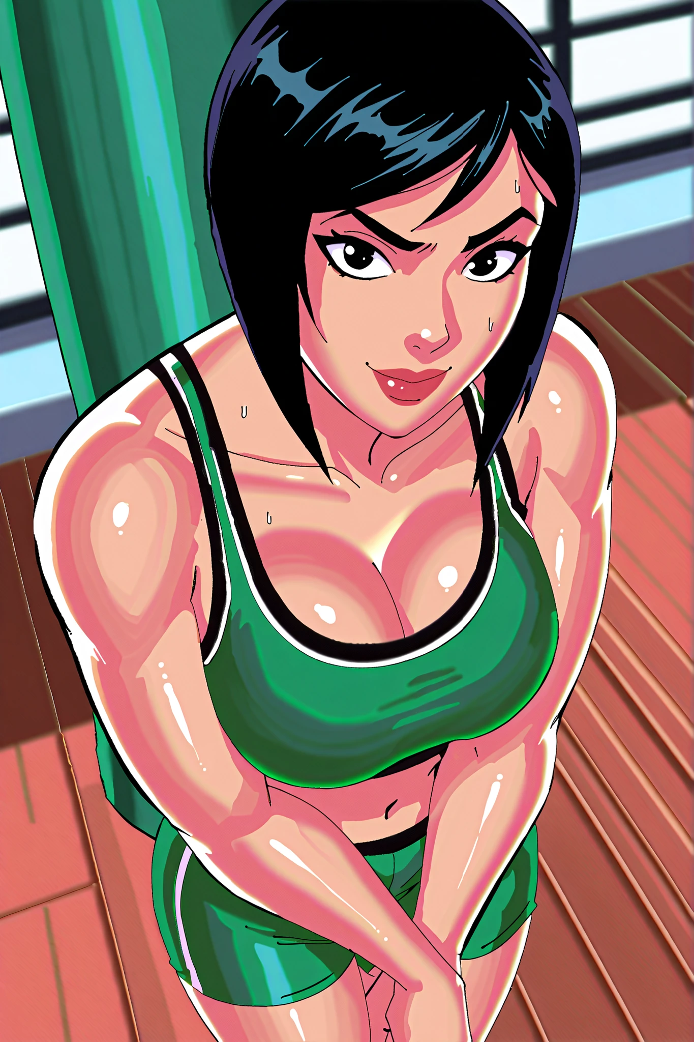 solo, 1girl, looking at viewer, bob cut, black hair, , cleavage, BREAK, model pose, score_8_up, score_7_up, score_9, score_6_up, portrait, high quality, best quality, face focus, lipstick, makeup, happy expression, standing, smiling, closed mouth, green racerback sports bra, green spandex shorts, indoors, gym, punching bag, arms crossed, crossed arms, high-angle view, sweaty, sweat drops