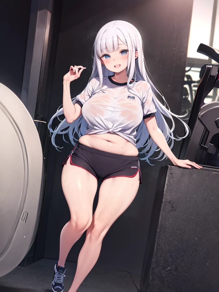 Emilia re:zero, purple eyes, Emilia, crown braid, x hair ornament, flower hair ornament, white hair, long hair, medium breasts, Sports bra, yoga pants, midriff, sexy tight body, panty straps, thong straps, holding water bottle,