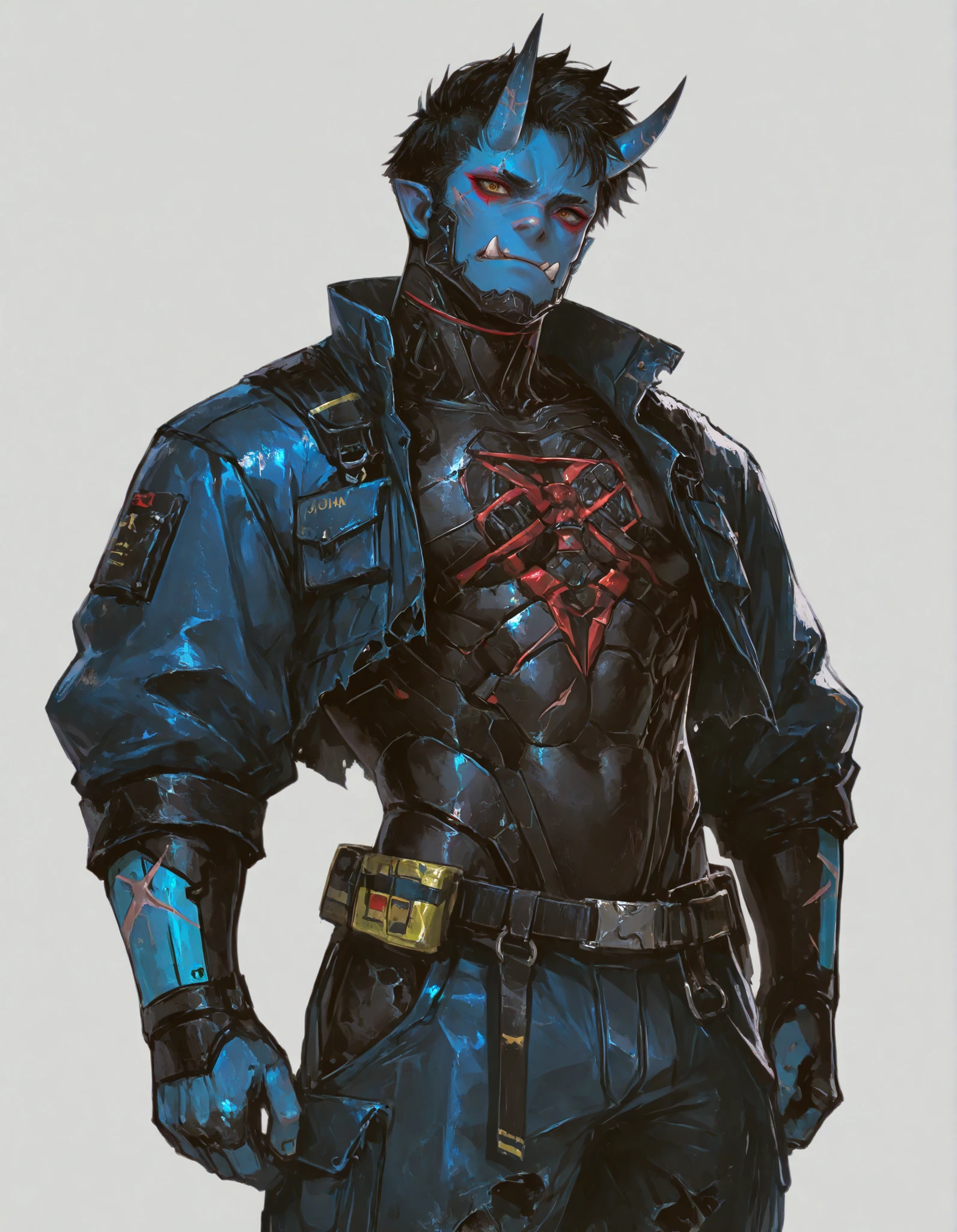 masterpiece, newest, absurdres, high detailed, solo, male, blue skin, masculine male, tusks, oni tusks, scars, sexy male, athletic, strong, short hair, oni, yokai oni, oni horns, ripped, red eyeliner, black hair, cyberpunk, buggy pants, black skinsuit under armor, armor on chest, cyberpunk implants, mechanic jaws, white background, front view,