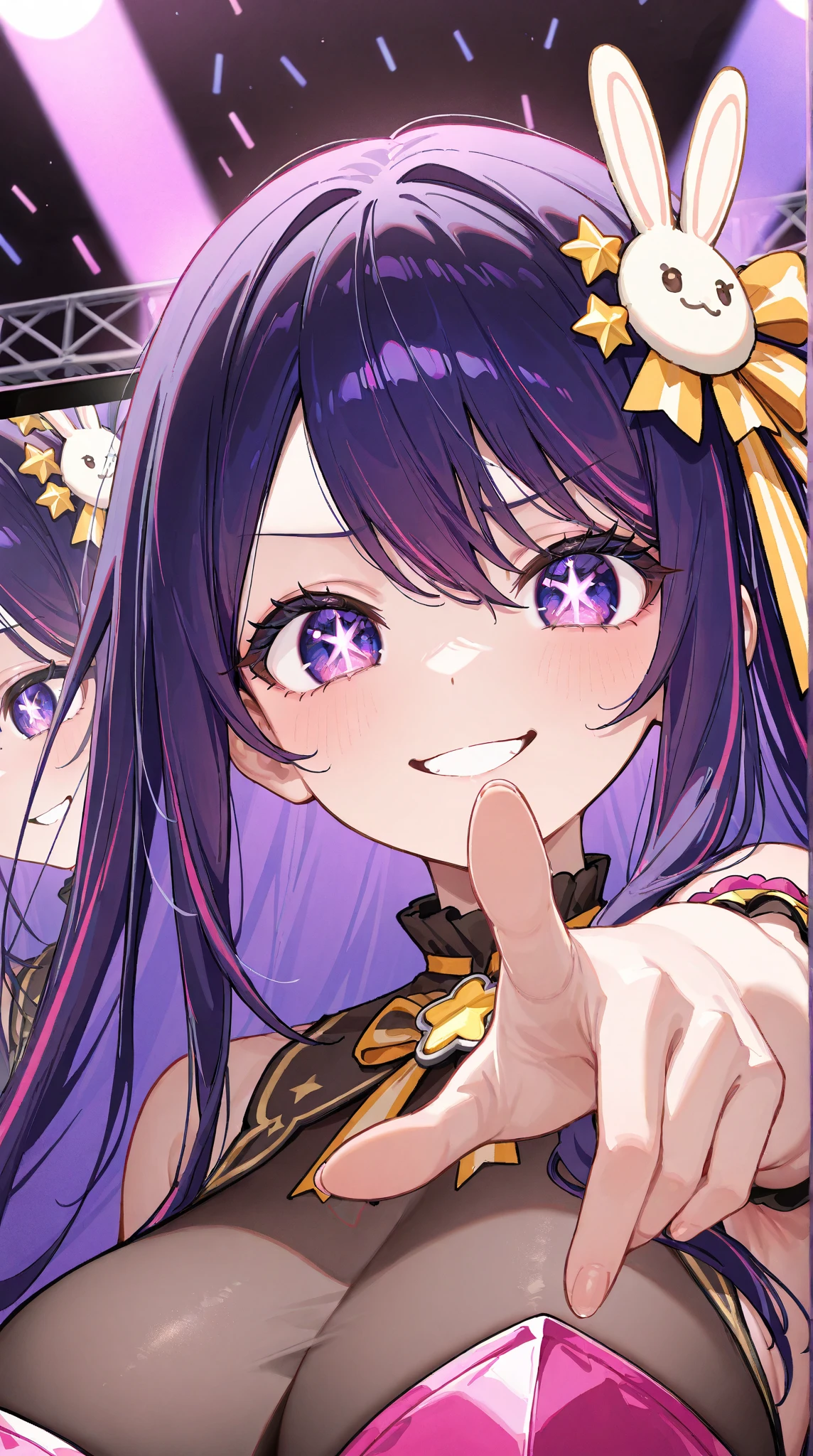 8k, Best quality face, top quality, hentai vibes, She should have long, light purple hair adorned with two blue hair clips on the right side and one yellow star clip on the left side, black eyes, gives sexy vibes, naughty expression on her face, style hentai, dressed in a one-piece tight skimpy blue outfit with rippes aher suite showing her body, big , naughty vibes, henati pose, super shy expressions, she has a lolita vibe, very Lustful detailed, he artwork should have no background