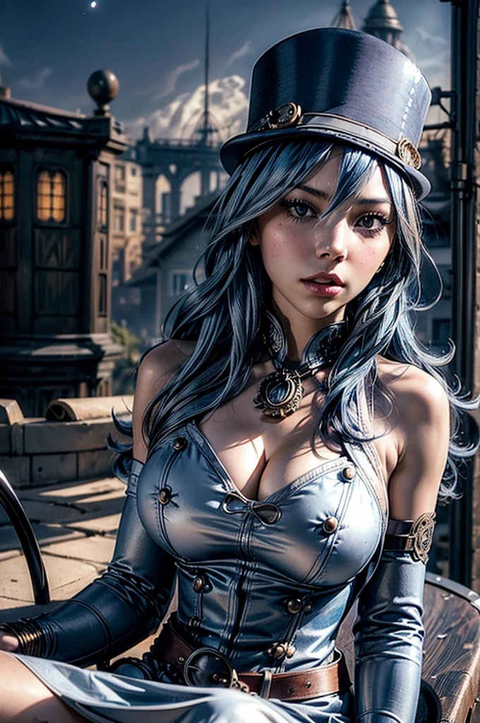 detailed face, detailed eyes, detailed hands, elf woman, full body,, huge, Double tail, blue hair, Hoodies, retro gothic, posture, Lovely, face up, high quality, necklace, ring, bracelet, earrings，long legs，looking down
