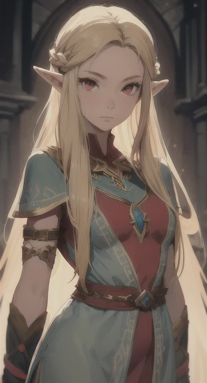 young Hylian woman, long blonde hair, red eyes, goddess hylia, lore accurate dress, looking at viewer, 
