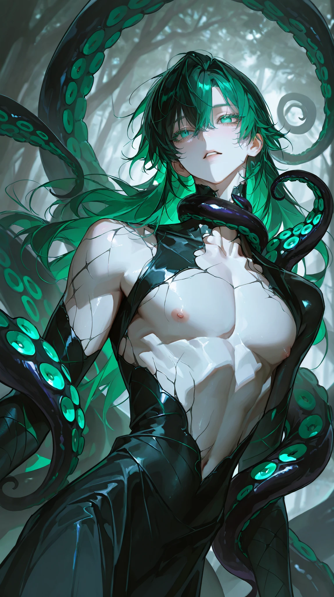 8k, 아름다운 Perfect Eyes,semi-realism art, semi-realism art style, masterpiece, top quality, amazing quality, Exquisite Details, very detailed, masterpiece, dynamic angle, man, male, masculine, a male demi-human octopus, with a tall, stylized body of extremely smooth, almost velvety. From the lower part of his body grow eight long black tentacles with purple suction cups, instead of legs, which he can control at will. From his neck, down his torso and into his tentacles, his skin turns a deep black color, leaving his face being the lightest part of his skin, despite being a dark gray color.
His hair is short, of a stylized ash color. His eyes are crystalline green, with elongated horizontal pulillae and framed by long ash-colored eyelashes.