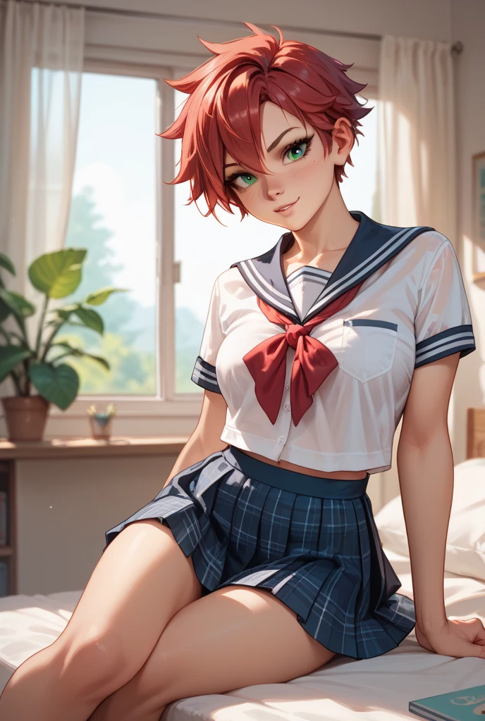 best quality, 1girl, masterpiece ultra detailed, illustration, yang guifei, glossy lips, indoors, sitting, (miniskirt, v-neck t-shirt), light smile