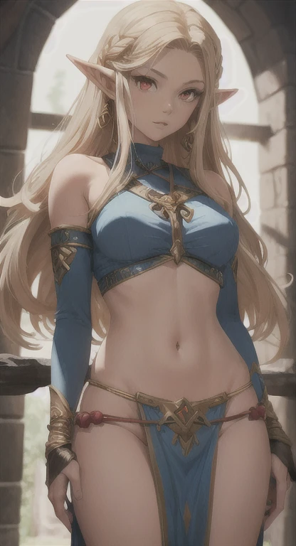 Create a fantasy image of a blonde, well-endowed barbarian warrior in a loincloth, nude, BIG TITS, sitting in a field of colorful flowers with a black tower in the background, absurd, high resolution, ultra-sharp, 8K, masterpiece, looking at the viewer,(((from below)))