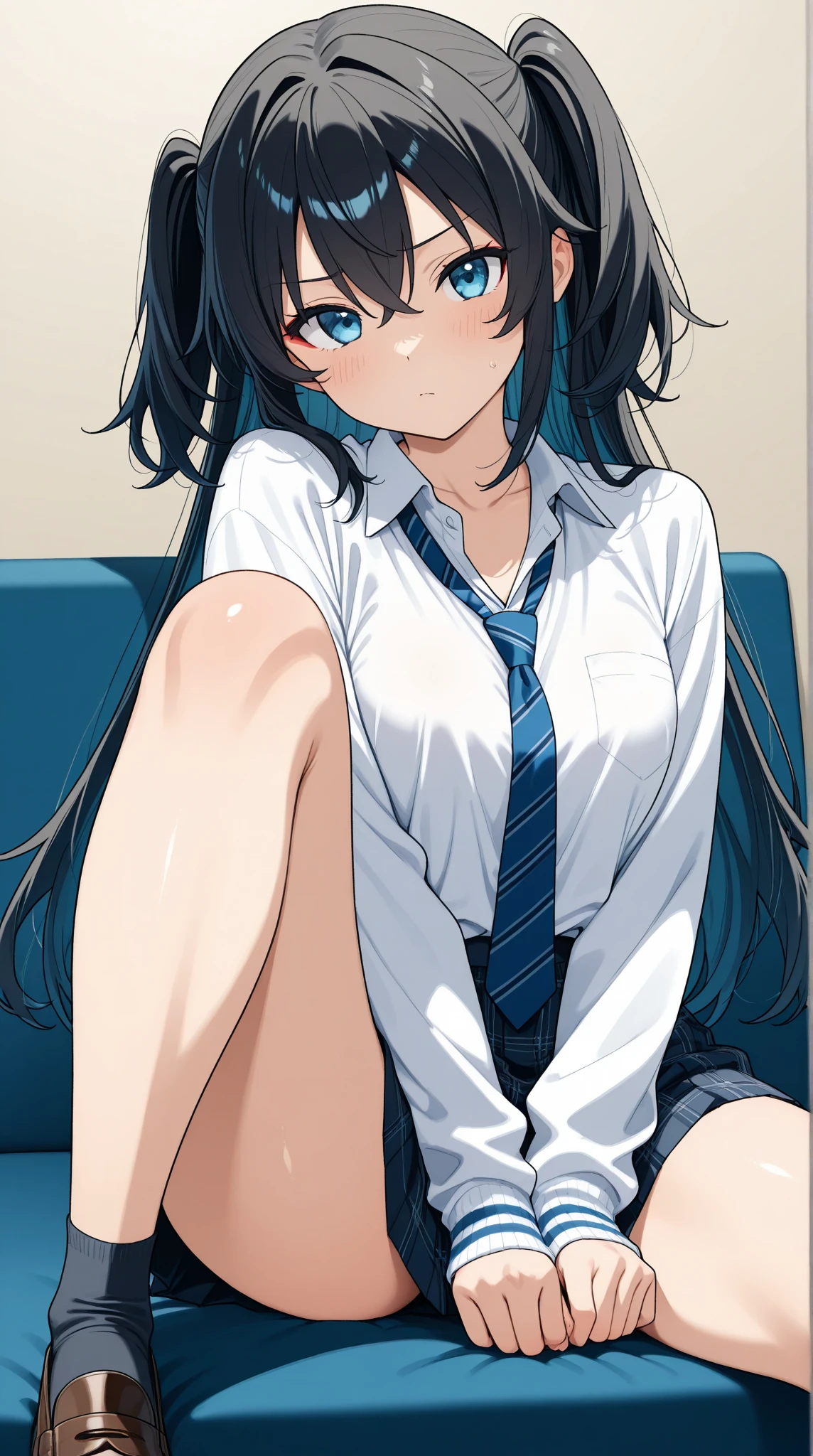 a highschool student, 17 years old, lying in bed, looking up at the ceiling, aerial view, stretching her arms, bending her legs, nostalgic, dark blue , blouse, jacket, folded mini-skirt, extremely long black hair combed in two pigtails, blue almond-shaped eyes, white skin, hourglass body, shapely legs, large breasts, medium hips, medium waist, glasses, bows in pigtails,