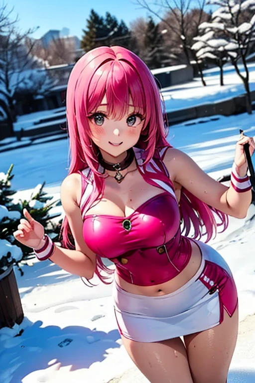 (8K), (High Quality), (Ultra realistic), (High Details), (Face detail), (Shadow Detail), ((huge breasts: 1.9)), (big butt), 1 japanese girl, 20 years old, Pink hair, Very long hair, red uniform, yellow tie, red horn, zero two, darling in the frank, smile