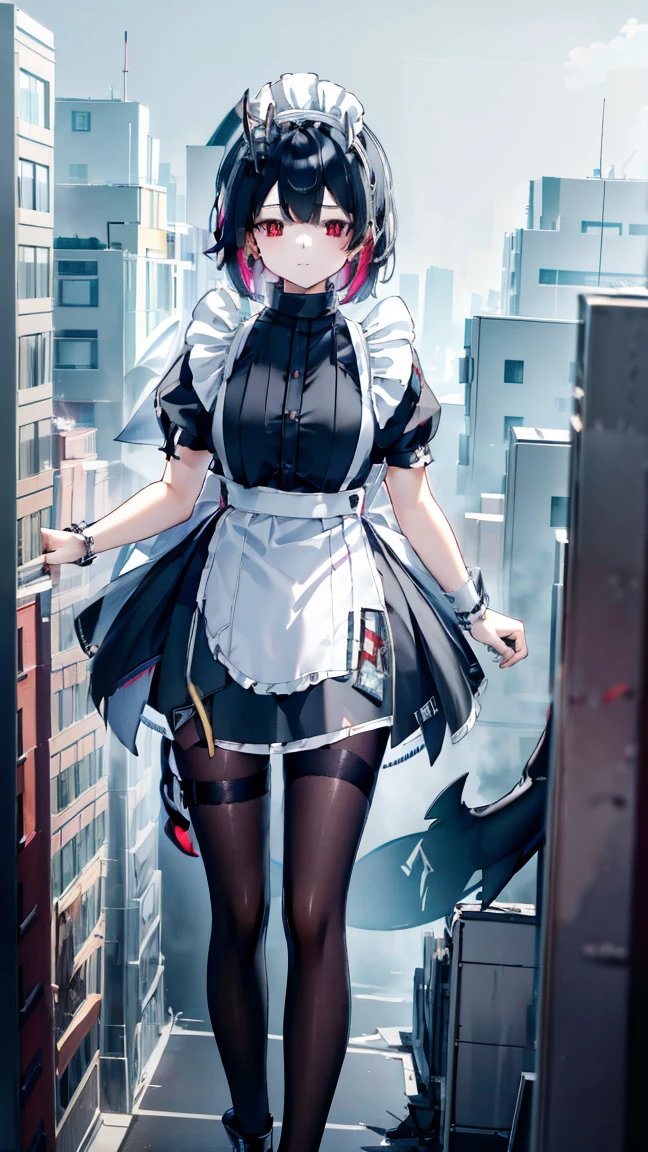 ellenjoe, ellen joe, black hair, colored inner hair, multicolored hair, (red eyes:1.3), red hair, short hair, two-tone hair,
BREAK bapron, black pantyhose, black shirt, black skirt, ear piercing, fins, fish tail, maid, maid apron, maid headdress, pantyhose, piercing, puffy short sleeves, puffy sleeves, shark girl, shark tail, shirt, short sleeves, skirt, tail, two-tone hair, wrist cuffs,
BREAK outdoors, city, sky, clouds, sun, park
BREAK looking at viewer, (cowboy shot:1.5),
BREAK (masterpiece:1.2), best quality, high resolution, unity 8k wallpaper, (illustration:0.8), (beautiful detailed eyes:1.6), extremely detailed face, perfect lighting, extremely detailed CG, (perfect hands, perfect anatomy), shot from below, exposed panties