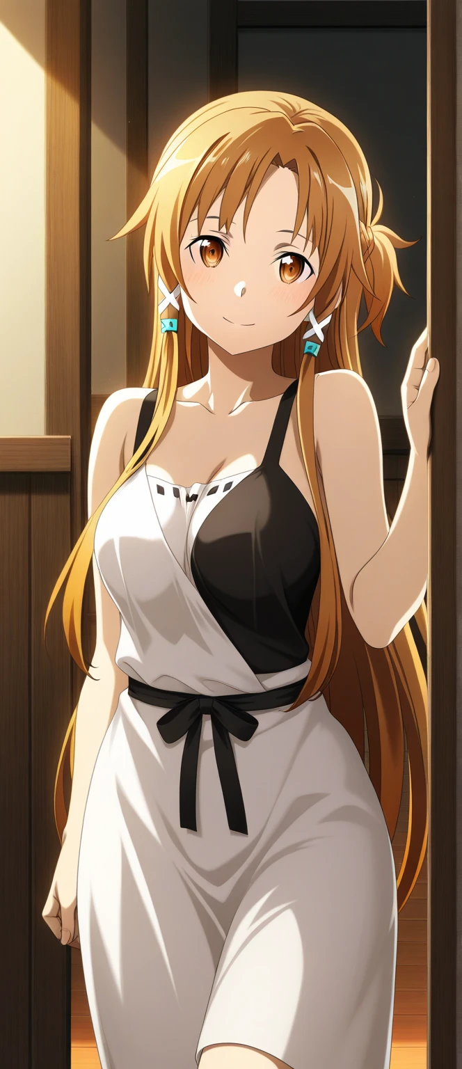 (Top Quality, 8K, High Resolution, Masterpiece: 1.2), Super Detailed, Anime Art Style, Dynamic Angle, Detailed Brown Hair, Detailed Eyes, Wiz, 1 Girl, Solo, Adult, Big Breasts, Soft Expression, Long Hair, Ahoge, side lock, (white dress, gorgeous dress, exposed shoulders, makeup, necklace, earrings, indoor: 1.3)
