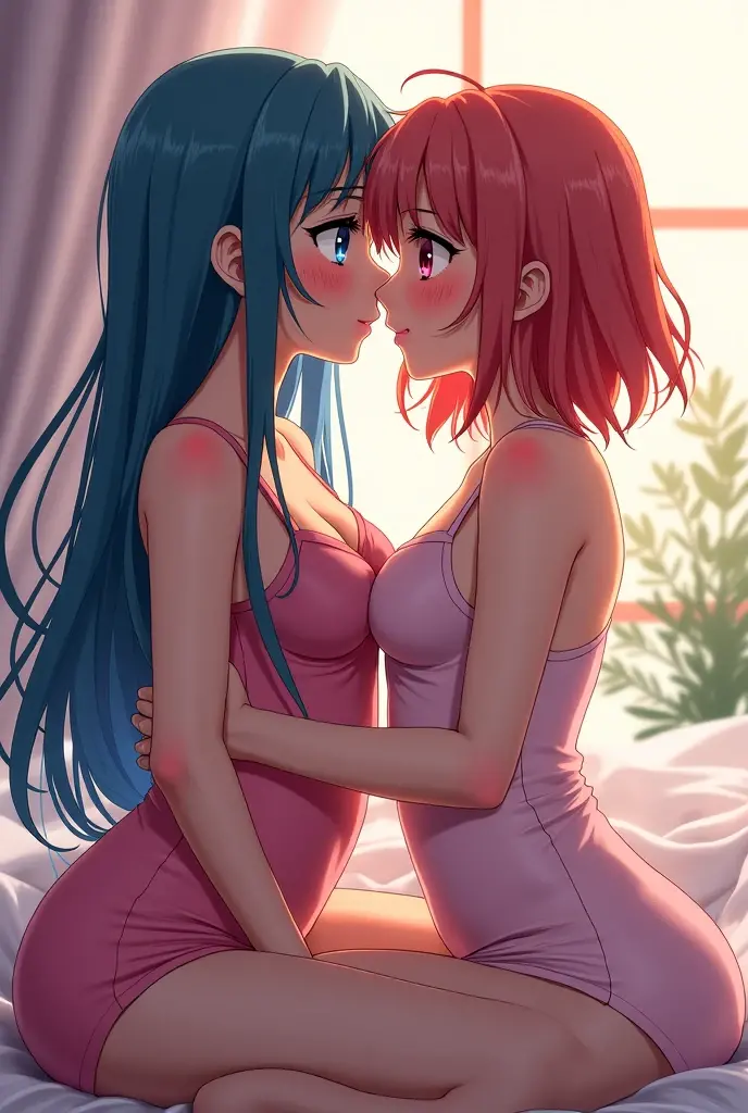two japanese girls , one is blue hair another is pink hair, ((they cloth wearing Halter neck lace teddy with peek-a-boo cups one is blue base another is pink base:1.5)),18 years old , cute face ,cleavage between breasts,large breasts,cute face, ponytail ,wave hair,darkcyan eyes,room,masterpiece, extremely fine and beautiful,gravure,wet body,wet hair,embarrassed,upturned eyes,nsfw,Hourglass figure,(back pose:1.3) or (back view:1.3)