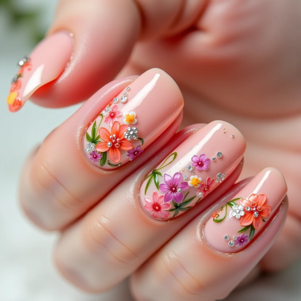 detailed painted nails, intricate nail art, floral nail designs, gem-encrusted nails, metallic nail polish, ombre nails, 3D nail art, holographic nails, glossy manicured nails, acrylic nails, (best quality,4k,8k,highres,masterpiece:1.2),ultra-detailed,(realistic,photorealistic,photo-realistic:1.37),macro photography, close-up, sharp focus, vibrant colors, natural lighting