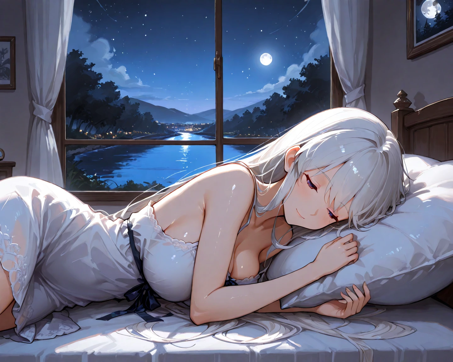 Enjoy perfection as you watch Alisa Mikhailovna Kujou resting peacefully on a high-quality bed.,(((lying in bed))), adorned with a beautiful nightgown, with impeccable anatomy, (((flirtatious look))) (((pose sexy)), while the soft moonlight streaming through the window adds a touch of magic to this stunning 4K image, free of any distortion that could detract from its beauty."