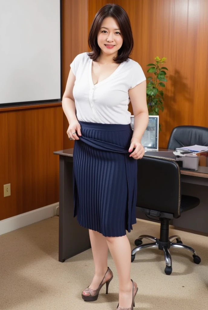 Photo taken from distance, wide shot, South Indian plus sized 2 white short gown wearing women sitting on a chair, in a office room