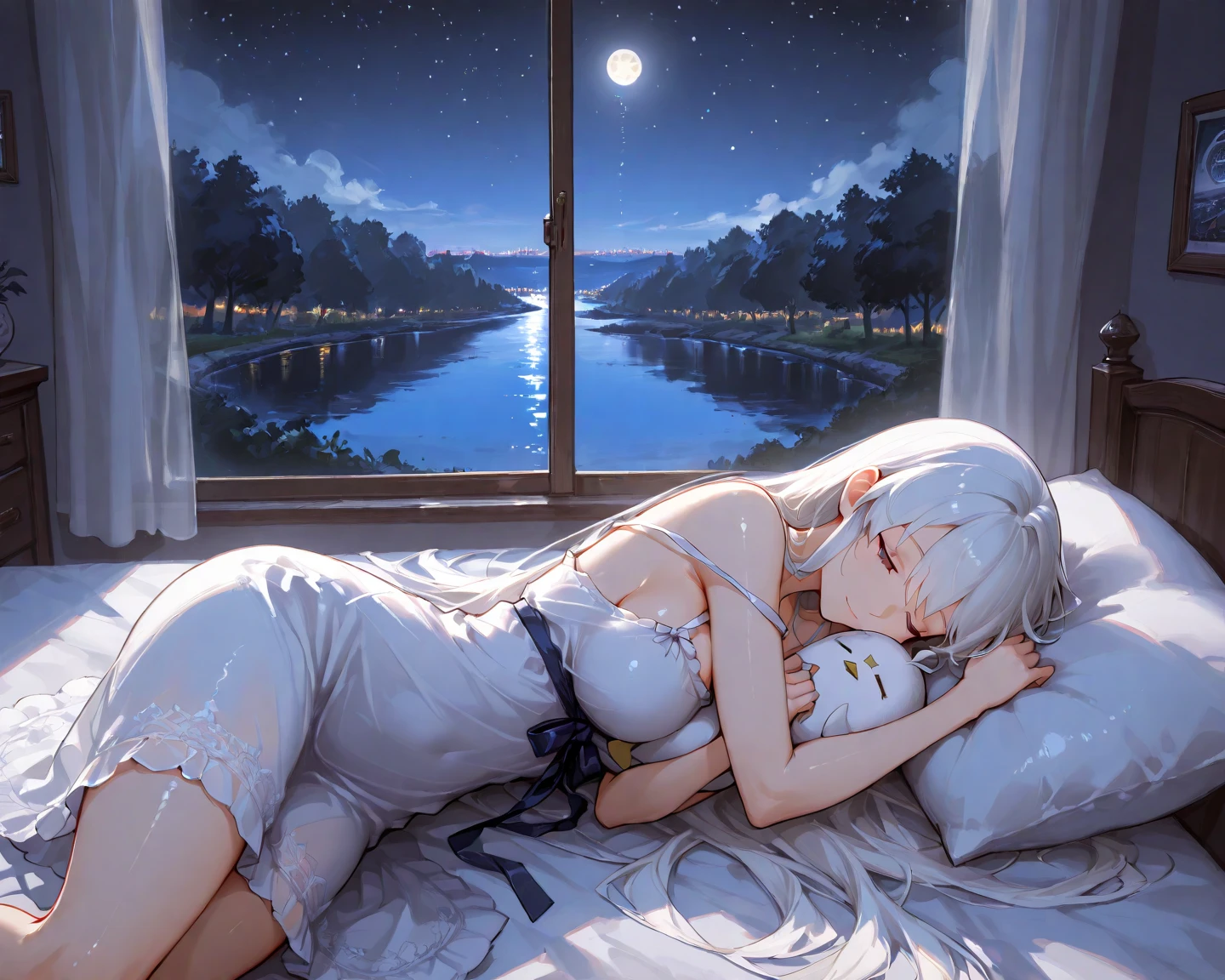 Beautiful woman sleeping on pillow ,Windows with beautiful views, Night Sky, Star, Full Moon.