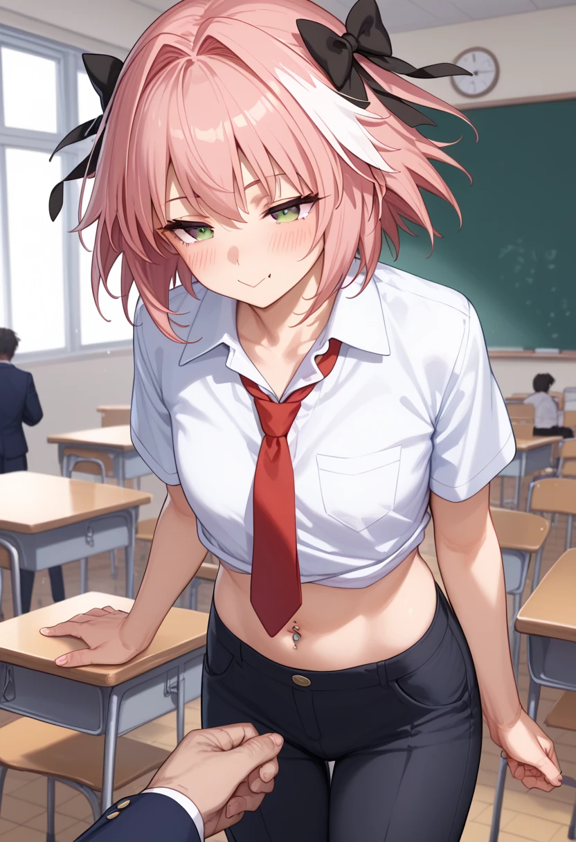 NSFW,masterpiece,Highest quality,High resolution,Very detailed,Mash Kyrielight\(Fate/grandorder\),short hair、Purple Eyes、Pink Hair、Hair covering one eye,Glasses、Food、shirt、襟付きshirt、White collar、黒いshirt、tie、赤いtie、No sleeve、Off the shoulder