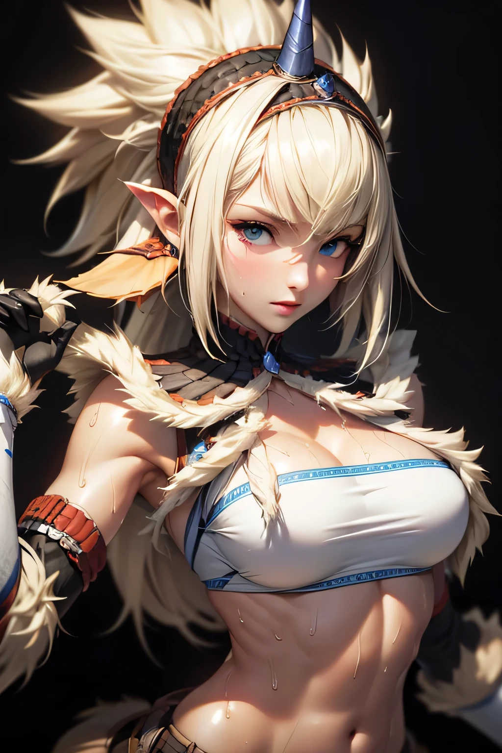perfect anatomy　best quality,highest resolution,(((female　 shiny top　shiny light blond hair 　shiny skin　sweat)))　Monster Hunter　giraffe equipment　cool