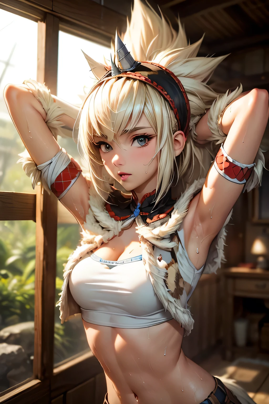 perfect anatomy best quality,highest resolution,(((female shiny top shiny light blond hair shiny skin sweat))) Monster Hunter giraffe equipment cool