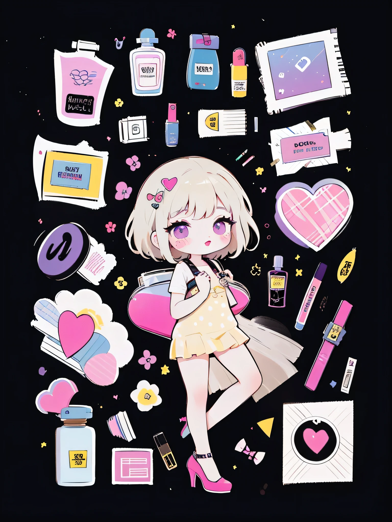 A beautiful stickers set featuring few items. Items: lipstick, mascara, perfume, high heel, designer bag. Each item is outlined as sticker.