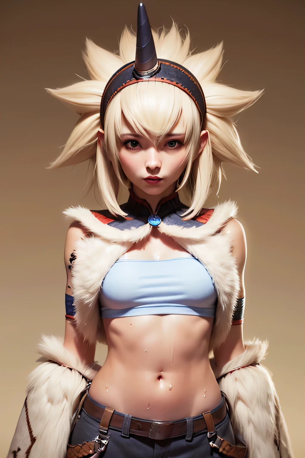 perfect anatomy　best quality,highest resolution,(((female　 shiny top　shiny light blond hair 　shiny skin　sweat)))　Monster Hunter　giraffe equipment　cool