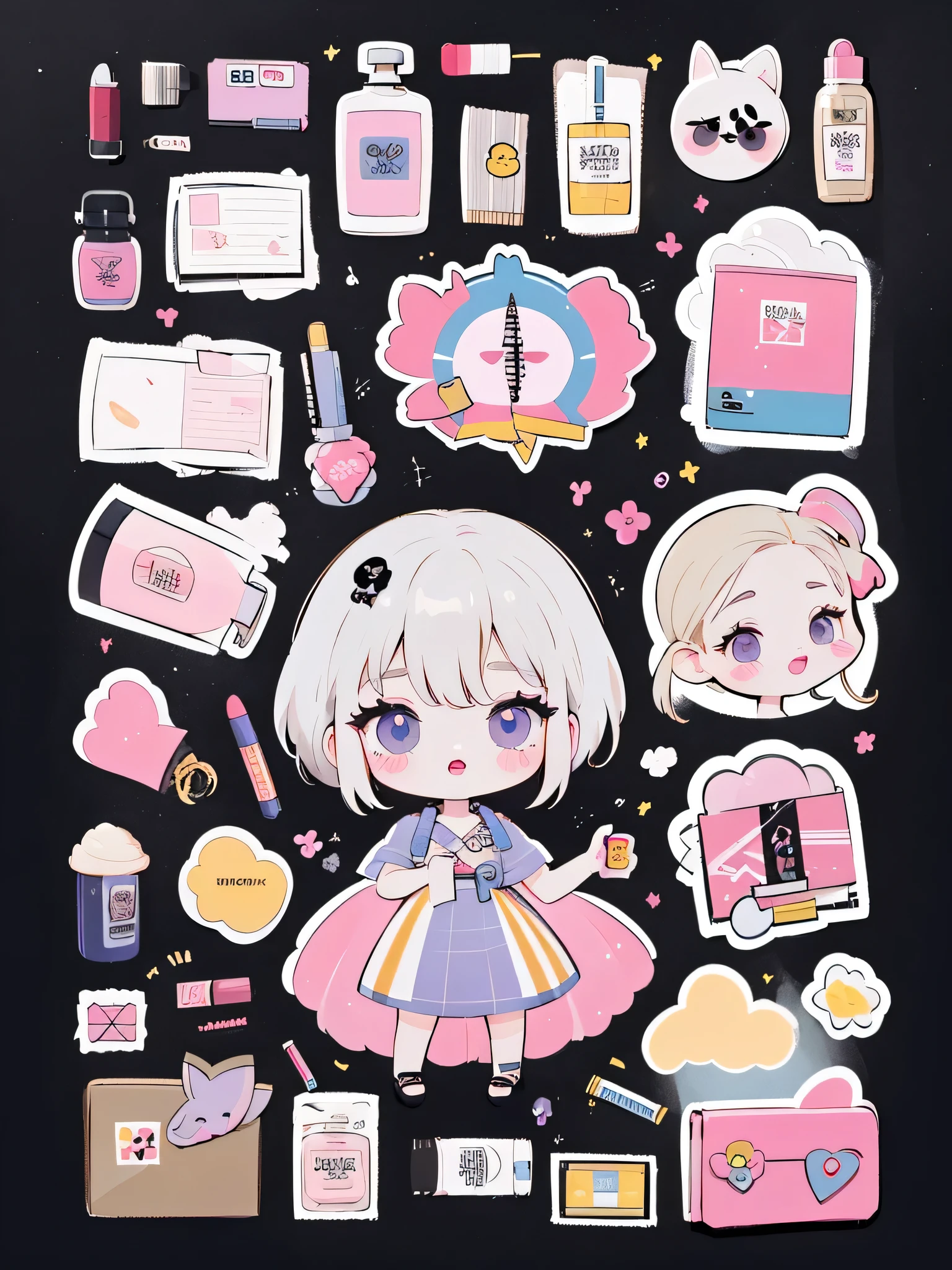 A beautiful stickers set featuring few items. Items: lipstick, mascara, perfume, high heel, designer bag. Each item is outlined as sticker.