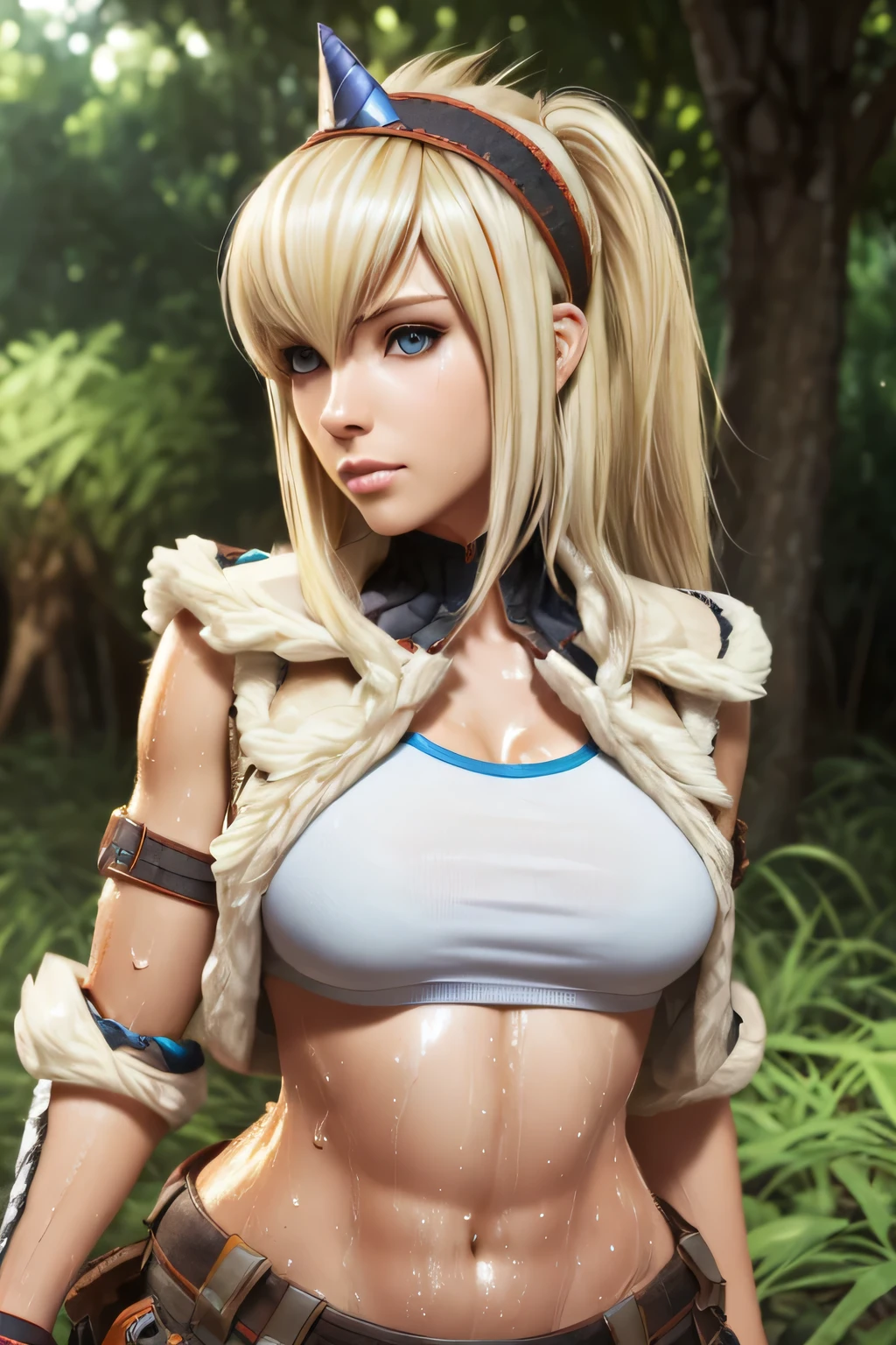 perfect anatomy　best quality,highest resolution,(((female　 shiny top　shiny light blond hair 　shiny skin　sweat)))　Monster Hunter　giraffe equipment　cool