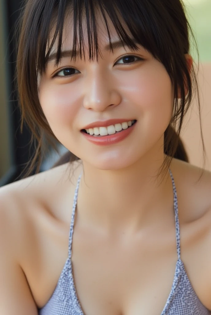 (8k, RAW photos, top quality, masterpiece: 1.2), smile (realistic, photorealistic: 1.37), ultra high resolution, (photorealistic: 1.4), highly detailed and professional lighting. Play volleyball on the beach and sweat your body wearing a white micro bikini. (The head of the nipple is visible) (No bra)