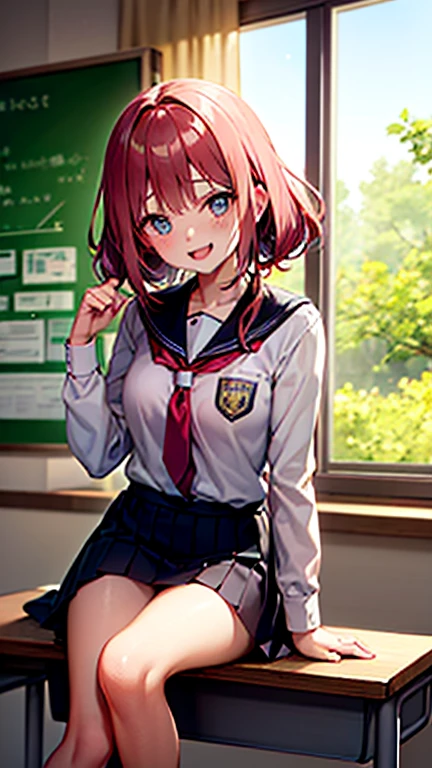 Masterpiece to the smallest detail、top-quality、1girl in、Solo looks 12 years old、150cm petite beautiful girl、small tits、12-year-old baby face、red hairs、Gradient bob in the forward、Pink and violet mesh、red eyes、Red eyes、Tall, big eyes、Outstanding looks、A lovely child、proximity、closed_mouth、a smile、red blush、full of shyneslue headwear、Hats、pink bowtie、school uniform、 Blue jacket、jaket、skirt by the、Gray skirt shirt、white shirt、an leglack socks、sitting on、‎Classroom、hair_ornament、looking_at_viewer、beatiful detailed eyes、Akame、panties on、lift up one's skirt、Professional effects、