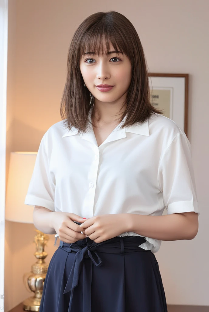 Highest quality, masterpiece, High resolution, Photorealistic, RAW Photos, 8k wallpaper, perfection, Professional Lighting, Very detailed, Written boundary depth, Look forward, Hotel Lounge, One beautiful woman, 40 years old, sexy, Detailed face, Beautiful Eyes, bangs, Shapely large breasts, Straight hair, Faint lips, View your viewers, Serious face eyes, White V-neck shirt, Orange skirt, Cowboy Shot