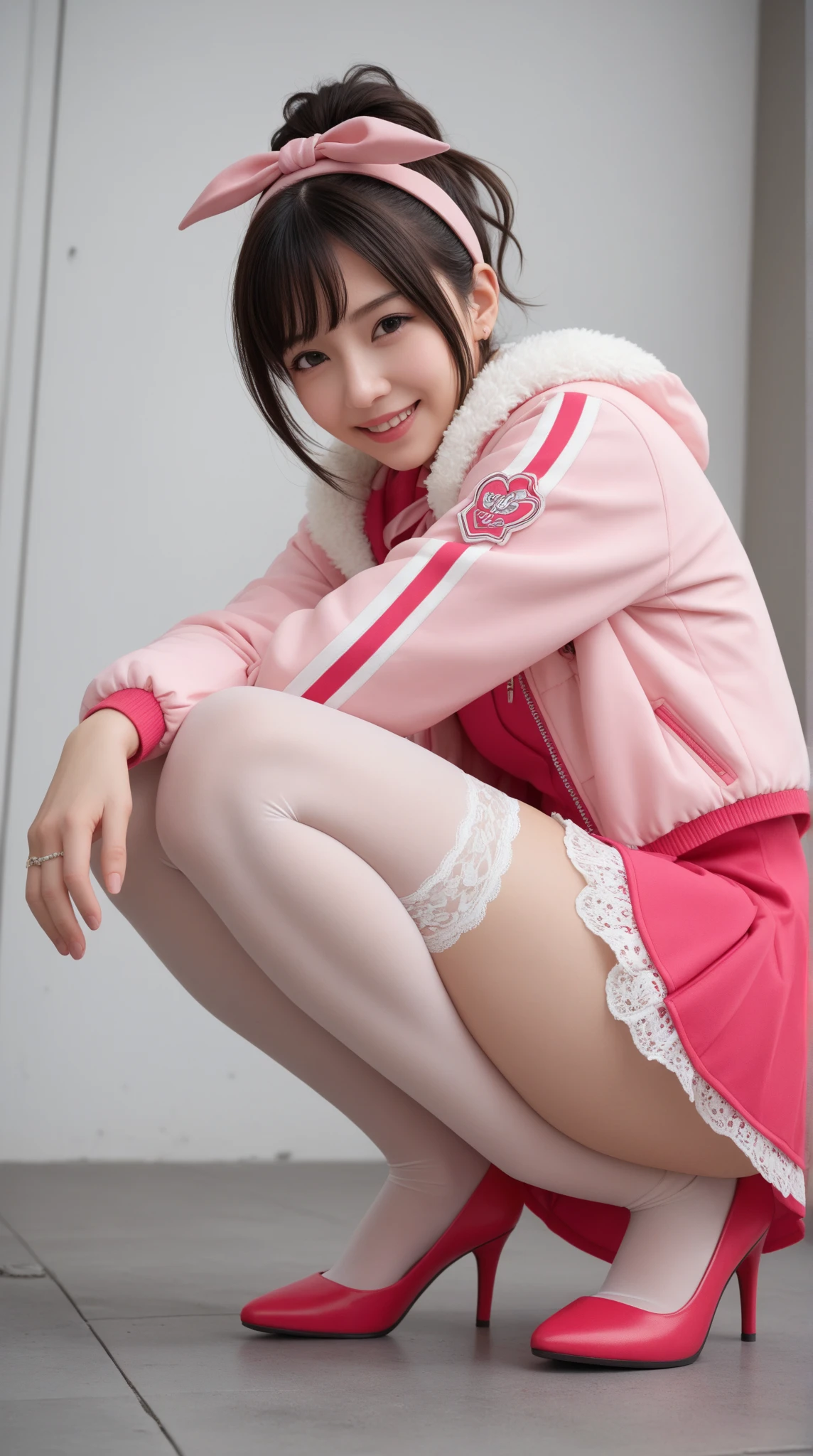 16K quality, highest quality, high resolution, real photos, (Super realistic, photorealistic)、((long shot, full body portrait)), (((Open legs, M-shaped legs, spread legs, squatting, showing panties))), (((Deliberately spread legs wide open and lift up your skirt to showing panties))), dynamic angle, {{{{{skimpy}}}}}, (((micro under wear))), ((((tight dark pink panties)))), (perfect hand), (((medium hair, bang))), {{((looking at viewer))}}, (in bright room), ((putting on high-heels))