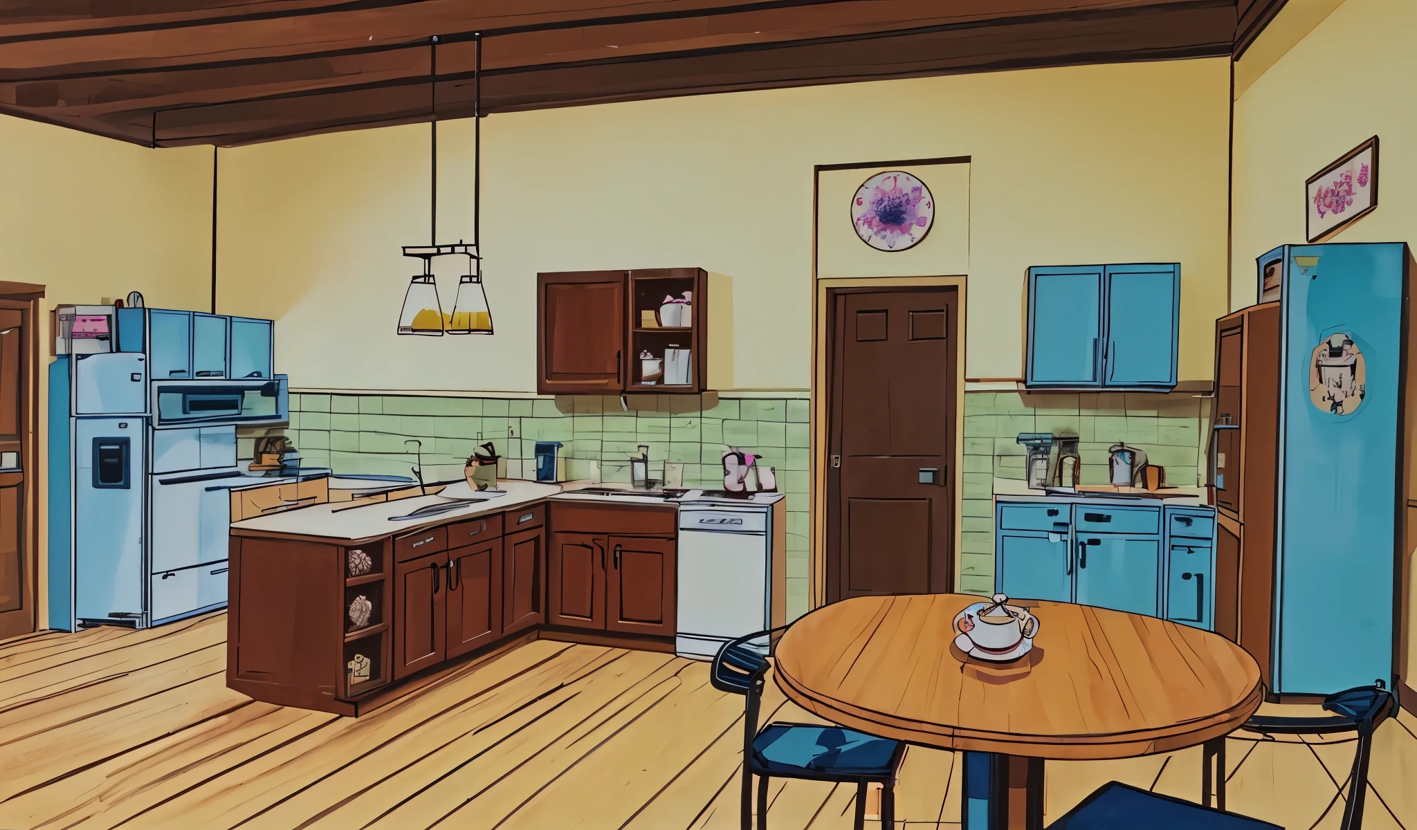 Drawn in 80’s anime art style. 
Retro anime. Vintage Anime. Classical Anime. 

Location: Kusagi Sister’s Apartment 
(Japanese Dining Area & Kitchen)

Interior Breakdown
	•	Kitchenette with tiled backsplash, chrome appliances, and hanging pans. Coffee pot always on.
	•	Dining Table: Small, wooden, round, often cluttered with blueprints, receipts, or tea sets. A small vase with fresh flowers adds a feminine touch.
	•	Mood: This is where the sisters plan heists over meals. The balance between domestic and criminal is almost seamless.