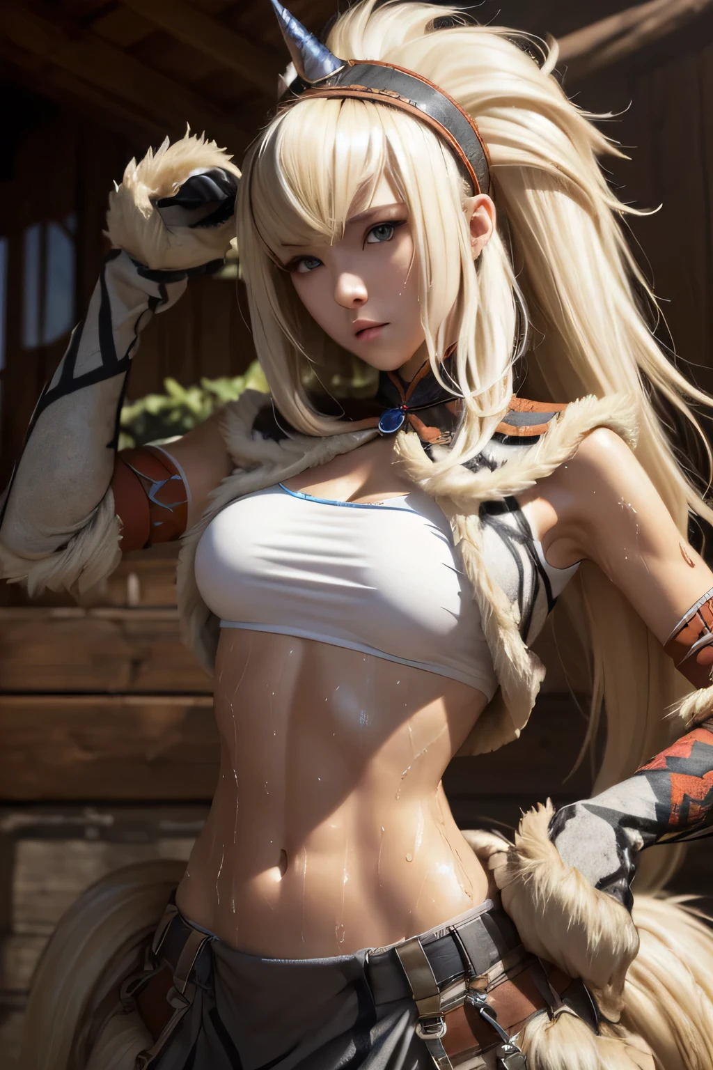 perfect anatomy best quality,highest resolution,(((female shiny top shiny light blond hair shiny skin sweat))) Monster Hunter giraffe equipment cool
