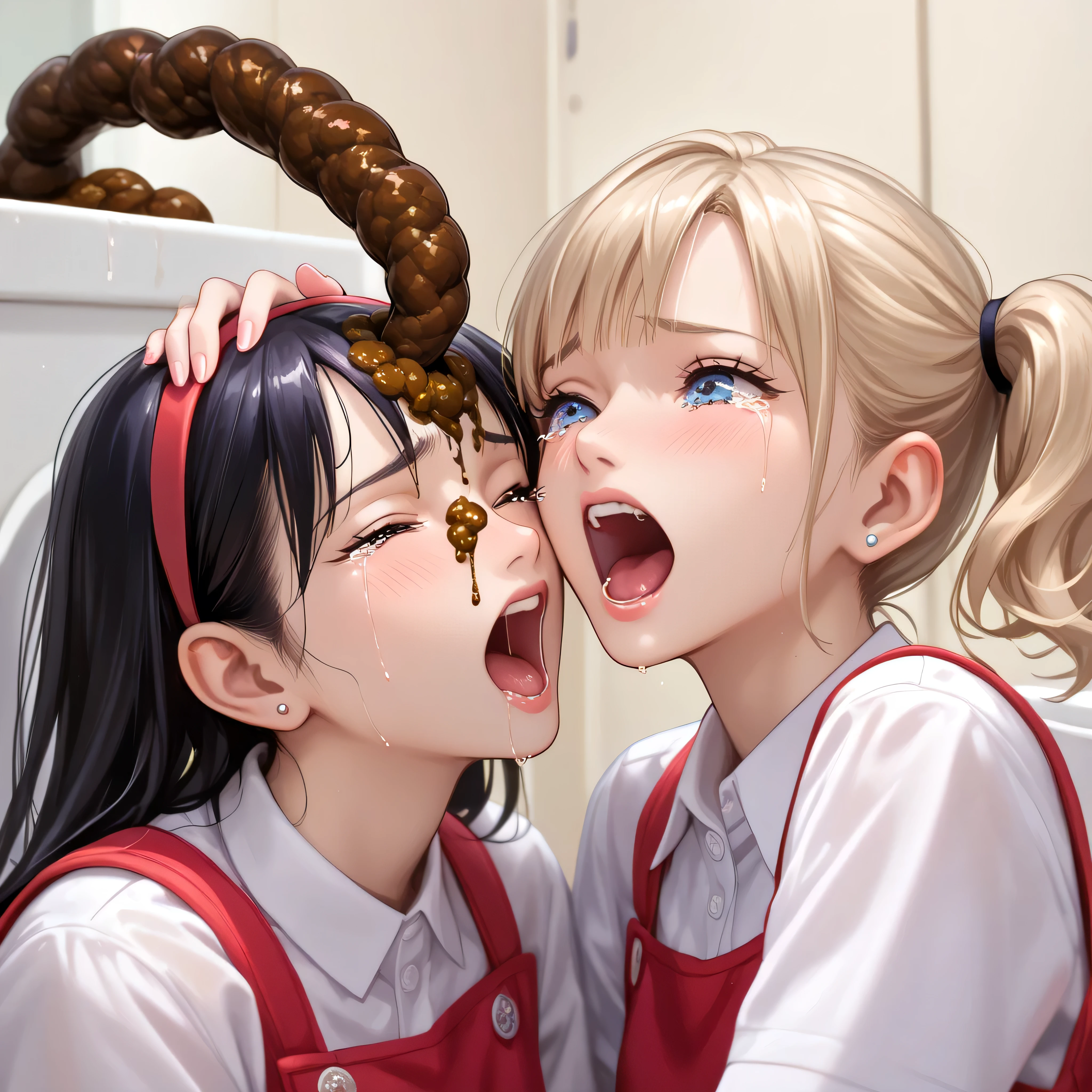 nsfw,,fellatio, females sucking a penis side by side,(tanned females:1.2),2females, (black hair),short hair,bukkake on face,,white dress shirt,pleated checked skirt,look up,(blushed:1.2),trembling,(adult curvy females:1.1),bukkake on face,changing room