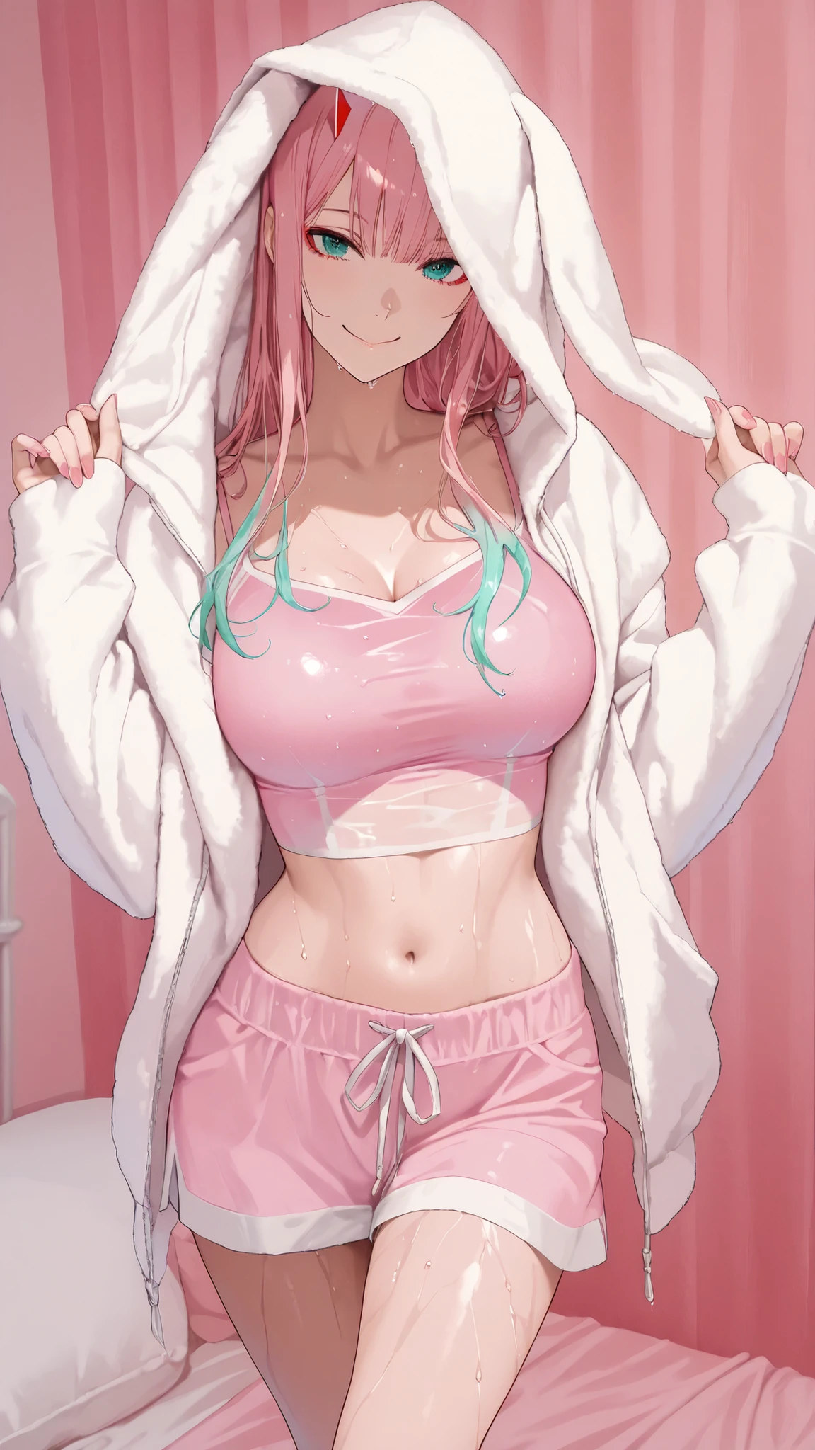 masterpiece, 1 girl, beautiful woman, Zero Two, wearing a pink crop top with a fuzzy white rabbit ear hoodie. The hoodie is open, revealing the pink crop top underneath. wet、Big Breasts、nails, pink nails collors, smile girls, in bedroom, bedroom background, colorful, vibrant, Shining Contours 、Official Art、viewer, masterpiece, is very beautiful、BEST QUALITY , 8k , masterpiece , beautiful woman , perfect body , very detailed skin ,