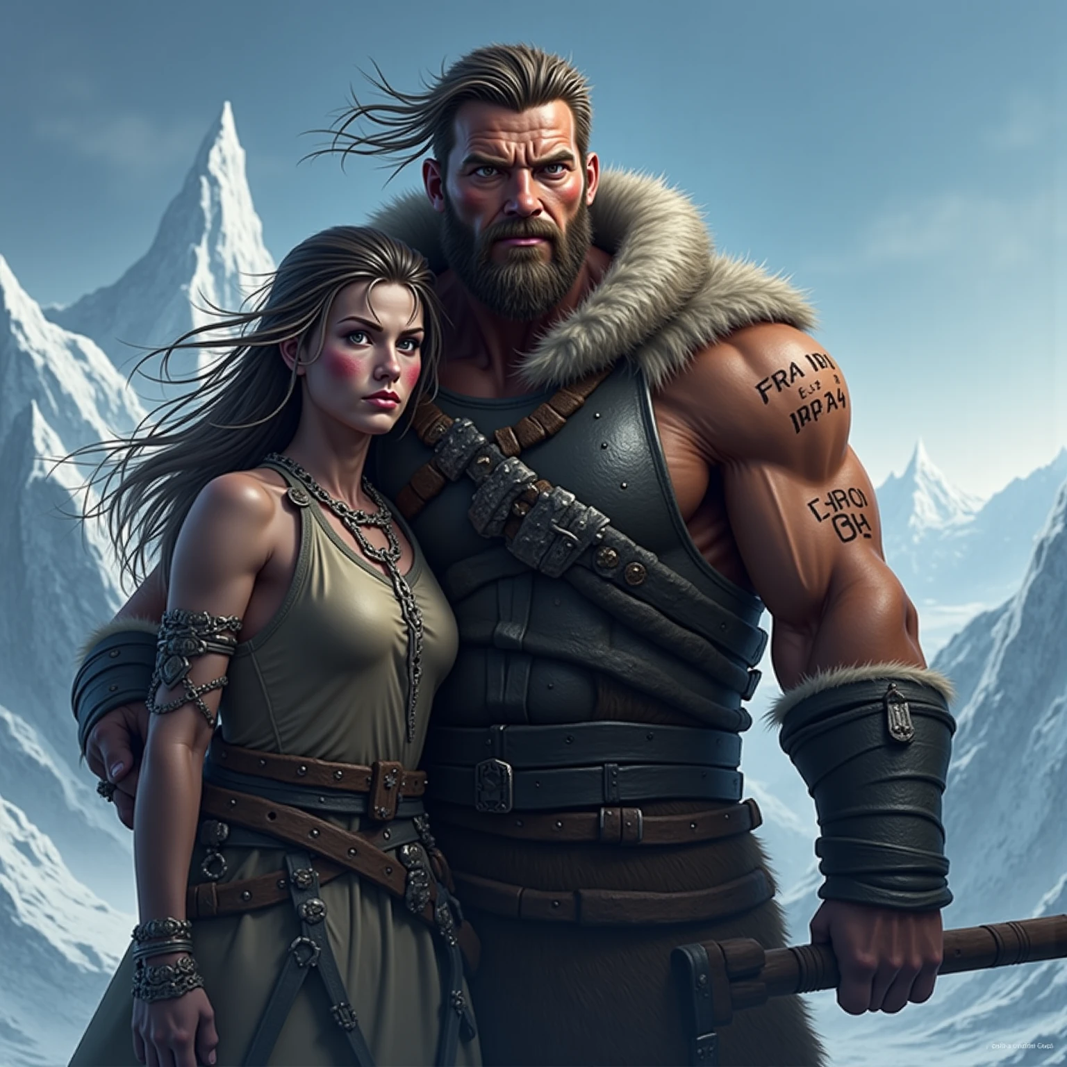 (dreamlikeart style:1) man long hair shaved on the side, stylish beard and woman long hair, golden eyes, viking, nordic, instagram model, hoyden, tomboy haircut Blonde, muscular, super strong, Abs, Fit body,leather clothing, viking tattoos, show mountains,winter,cold, sharp focus illustration, Dramatic lighting, Intricate, High detail, detailed realistic face, cinematic shot, (masterpiece:1.1), (highest quality:1.1), (sharp focus:1.2), colored,wallpaper, (western comic style),