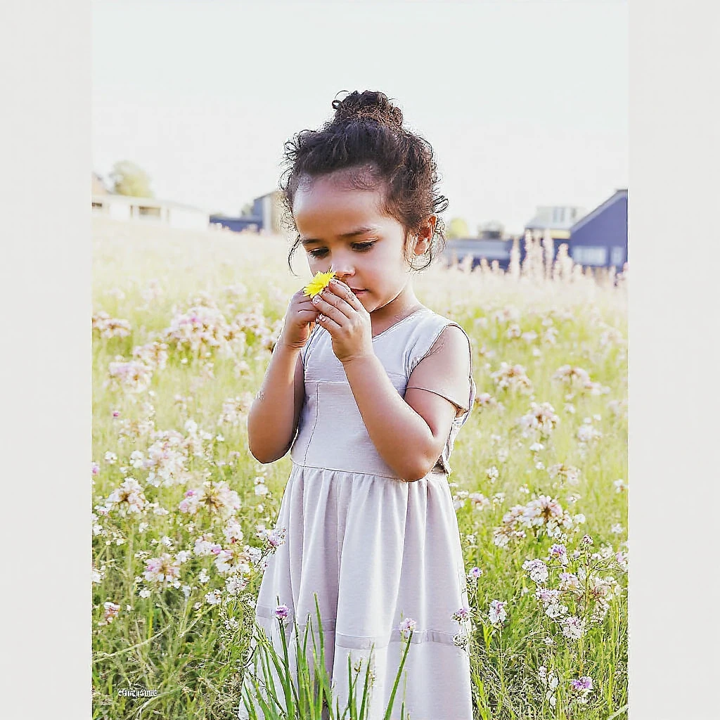 prompt 2 year old baby, black hair, wearing a white dress with daisies