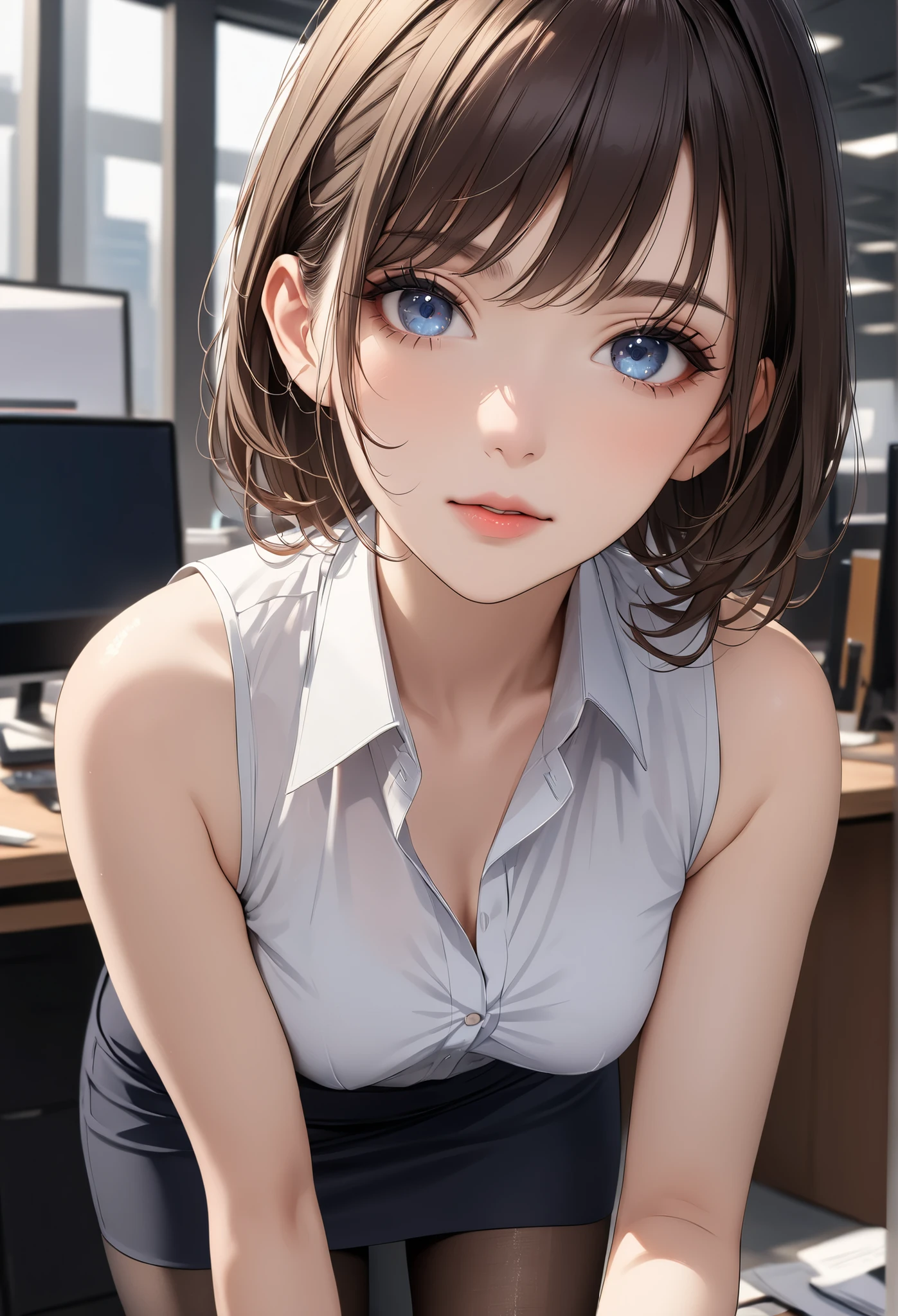 (((masterpiece))),(((High resolution)))、(((8K quality)))、(((perfect face)))、(((Beautiful office woman))), ((sleeveless)), tights, skirt, look at the camera, ((top quality eyes)), detailed face, (detailed texture), look at the camera, big