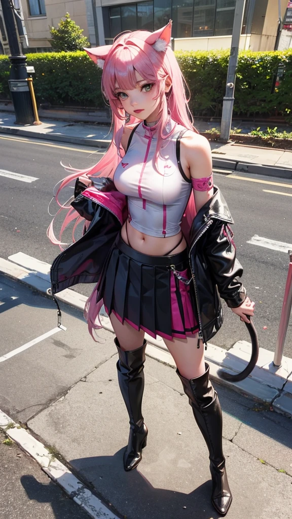 {{highest quality, 1080p, masterpiece :1.3, High resolution (High Dynamic Range),超High resolution, Realistic, Ultra-realism, Digital SLR, Sharp focus :1.2,Natural light and shadow, RAW Photos, Slim figure, Flat stomach, Highly detailed face and skin texture, Light pink hair, Very fine hair, Fine grain, double eyelid, Very beautiful face, Upper teeth slightly visible, Simple facial structure, Gorgeous Asian Women, ((Detailed facial features)), (Detailed skin), Pale skin, Realistic skin texture,Light comes out from the green ornament., Extreme Skin Detail, oc rendering reflection texture, Realistic Light and Shadow }}, A single photo, alone, 20-year-old, Height 165,((1. Mechanical Girl)), Mecha, Mecha girl, Droid, (Remote Whole Body Imaging), {{ Bare skin reveals cleavage, Glossy black bodysuit, Exquisite Jewelry Details、Very intricate details、Realistic light, To the camera, Girl with a mechanical robot body., A mechanical cervix is attached to the neck, The robot's circuitry is packed into the center of its back.., Beautiful breasts, White mechanical shoulder armor on both sides., Mechanically articulated elbow, There are white mechanical hip armors on both sides.、It has a circular blue neon light in the center。.,Chest electrical circuit., model diagram, Mechanical abdomen, belly button, Flat stomach, Mechanical arm, Mechanical hand, Mechanical knee, Electromechanical circuitry in the crotch, Machine shank, Mechanical calves, Mechanical High Heel, Chest electromechanical circuitry,}} ,Standing pose