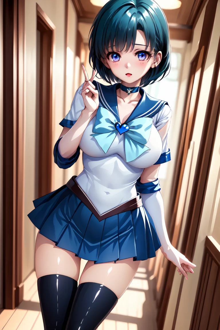 masterpiece, highest quality, High resolution, Realistic, Show more1, tiara, Sailor Warrior Uniform, Blue Skirt, Blue sailor collar, tiara, bow, Knee Boots, choker, White gloves, blue choker, elbow gloves, jewelry, Earrings, Pleated skirt, Cowboy Shot, night, ((The background is output randomly.:1.3)), Arms above head, Angle from below, ((Showing panties:1.3))