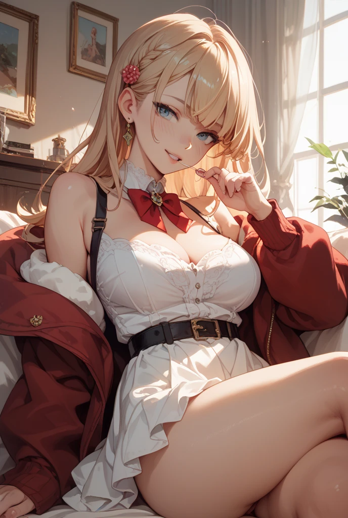 Himiko toga,\(my hero academia\),my hero academia,perfect picture,perfect eyes dehimiko toga\(my hero academia\),(Full Body Picture),my hero academia,perfect picture,perfect eyes,Short blonde hair with two messy buns in her hair and yellow eyes with cat pupils,(Standing with Straight Standing Looking at the Fourth Wall),(wearing),+,(a sensual Christmas dress for a voluptuous anime waifu. Get inspired by Santa Claus's outfit in the reference image. Style the dress as a short, form-fitting red velvet number with a Santa Claus dress design—think fluffy white trim, cute Santa hats, and jingle bells. The dress should have a low neckline to reveal the waifu's ample cleavage. Maybe add some ruffle or gathered details to accentuate your curves. Give the waifu big dreamy eyes, full lips and a playful pout as she relaxes seductively on a large, luxurious bed. Style your dark hair into loose, romantic curls. Dim, warm lighting with touches of gold and red should bathe the scene. Focus attention on the waifu's most attractive features with strategic highlights and shadows. Capture the dress in a tantalizing peek-a-boo pose, hinting at what might lie beneath. Maybe arrange the dress so it falls off one shoulder or slides off one hip. Incorporate some festive holly or mistletoe elements into the design to match the Christmas theme. Overall, aim for an intimate, sensual, and inviting atmosphere that makes the viewer feel like they're getting a naughty gift.)