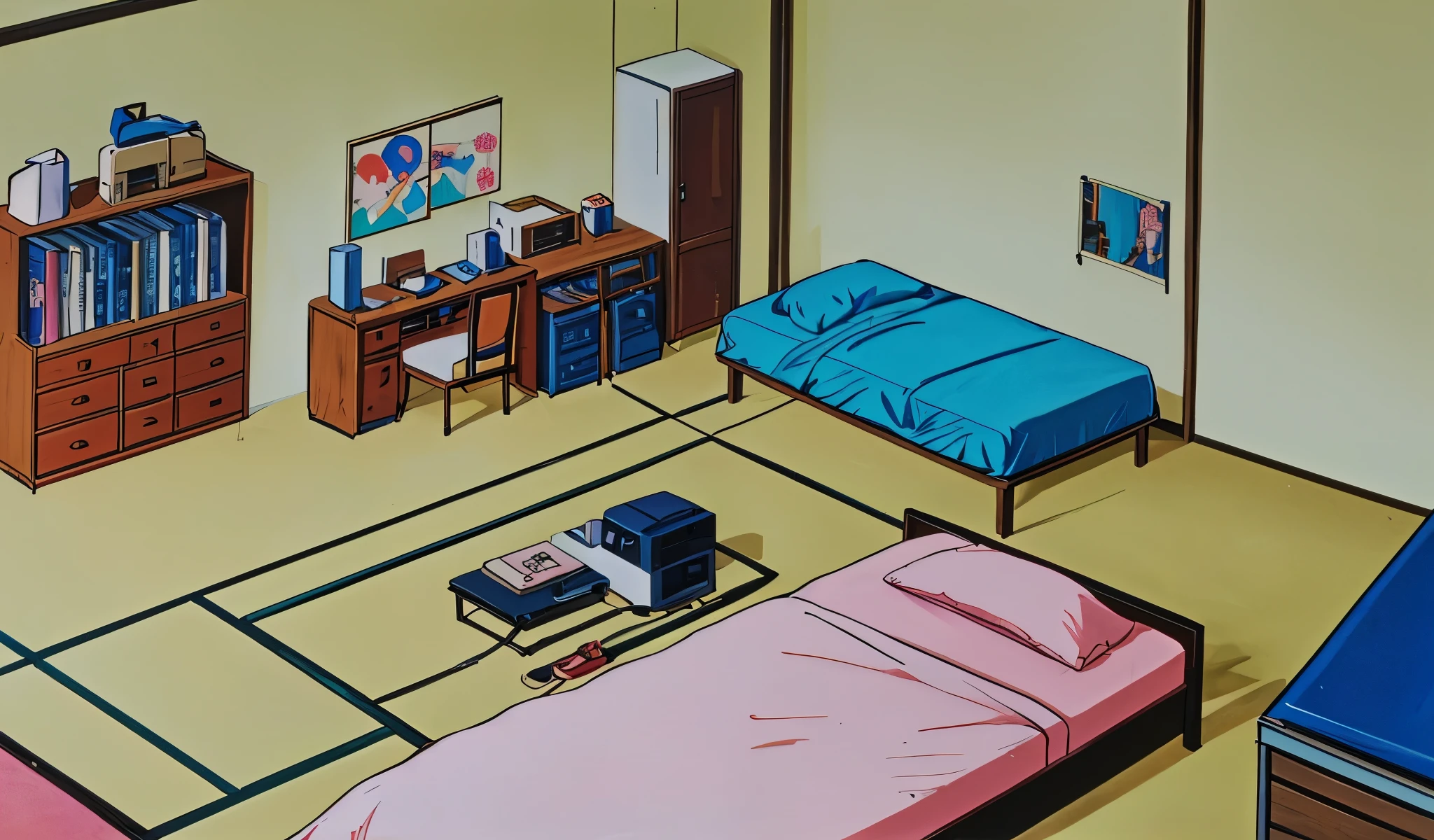 Drawn in 80’s anime art style.
Retro anime. Vintage Anime. Classical Anime.
Location: Kusagi Sister’s Apartment
(Japanese Bedroom)
Interior Breakdown
Bedrooms (Shared & Private)
• Ai’s Room: Minimalist and functional. School books, a workbench for tech and security tools, a small bed with blue covers.