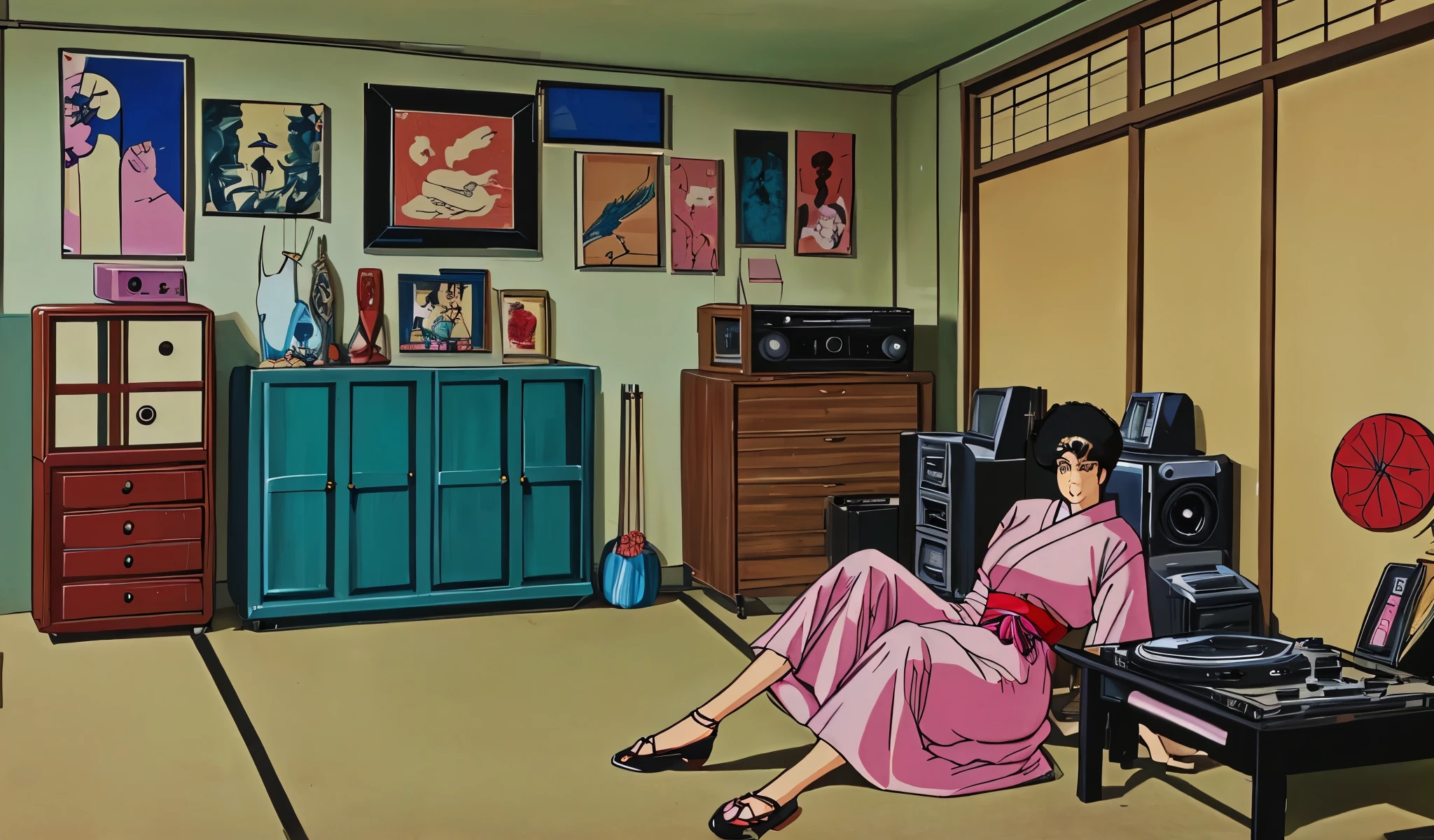 Drawn in 80’s anime art style.
Retro anime. Vintage Anime. Classical Anime.
Location: Kusagi Sister’s Apartment
(Japanese Bedroom)
Interior Breakdown
• Rui’s Room: Stylish and mature. Fashion magazine clippings, jewelry cases, and a vintage record player. She often lounges here after heists, smoking or reflecting.
Each room subtly reflects their personalities, yet they all share a thread of elegance and restraint—nothing overly flashy.