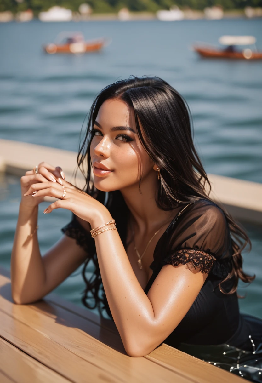 Beautiful Moroccan woman, 26 years old, with dark brown almond-shaped eyes and an oval face shape, in a comfy chic outfit, , in a stylish and elegant black dress, with a high-neck and long sleeves dress, relaxed and graceful, full body view, standing or sitting on the deck of a luxurious boat, with the serene ocean and boat details visible in the background, approximately M body size, with a height of 1.70 m, a bust size of S, a well-shaped bottom (36), and very realistic skin texture. Her naturally wavy hair frames her prominent cheekbones. The photo is in high resolution, masterpiece quality, with complex details, sharpness, and detailed skin and eye textures. Captured in 4k resolution with a Canon camera, featuring a serene expression, depth of field, Kodak Vision color, ultra-realistic photography, and post-processing to ensure maximum detail, true to life, resembling an Instagram model