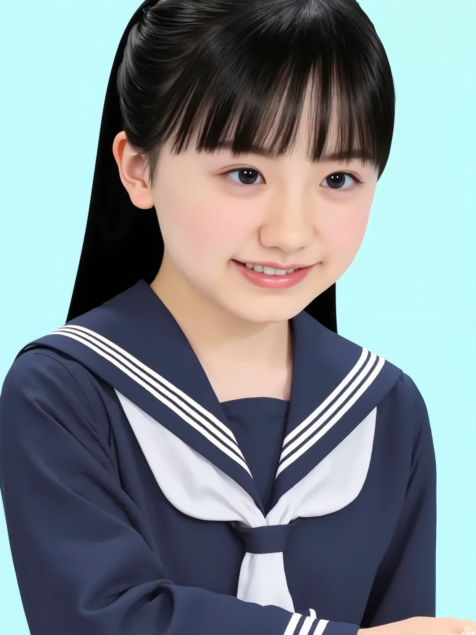 long hair, ((black hair:1.3)), bangs, elementary school student, wearing sailor suit, dark blue, Long sleeve , upper body, small eyes, make up, (smily, teeth:1.0), ((looking away:1.3))