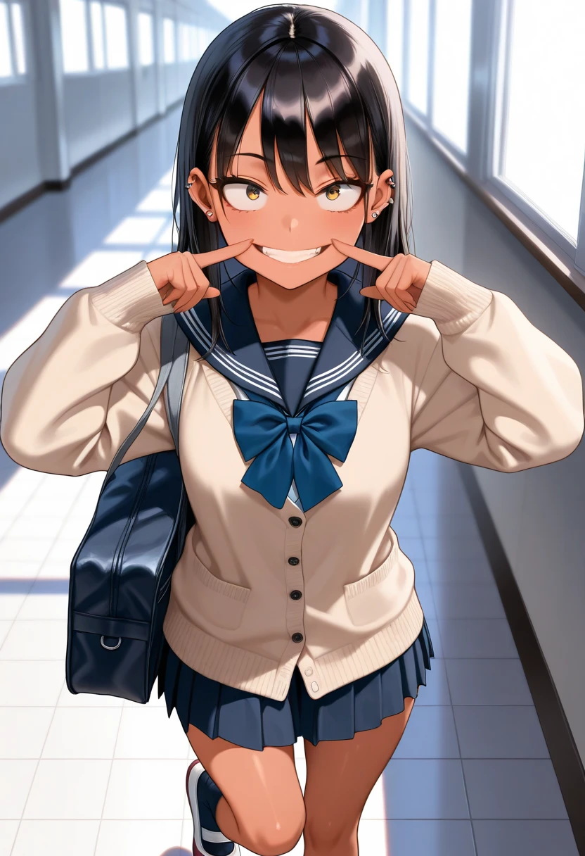 masterpiece, best quality, very aesthetic, absurdres, newest,1girl,upper body,Condom in mouth, double V gesture,blush,tear in eyes,white_sweat  in face,embarrassed,,akebi_komichi, akebi-chan_no_serafuku, 1girl, black_hair, blue_bow, blue_bowtie, blue_sailor_collar, blue_skirt, blue_socks,  bow, bowtie, brown_footwear, closed_mouth,hair_behind_ear, loafers, long_hair, long_sleeves, pleated_skirt,,in a playground