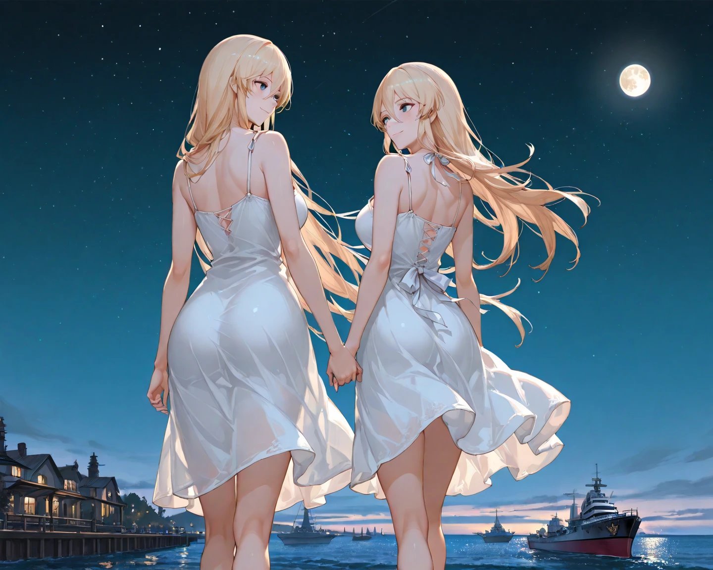 Anime, oil painting of two anime girls, one is milky skin and the other is black skin, holding hands, in the background the large and majestic city stars moon, at night, orange dress, white dress, 4k, HD, (masterpiece)