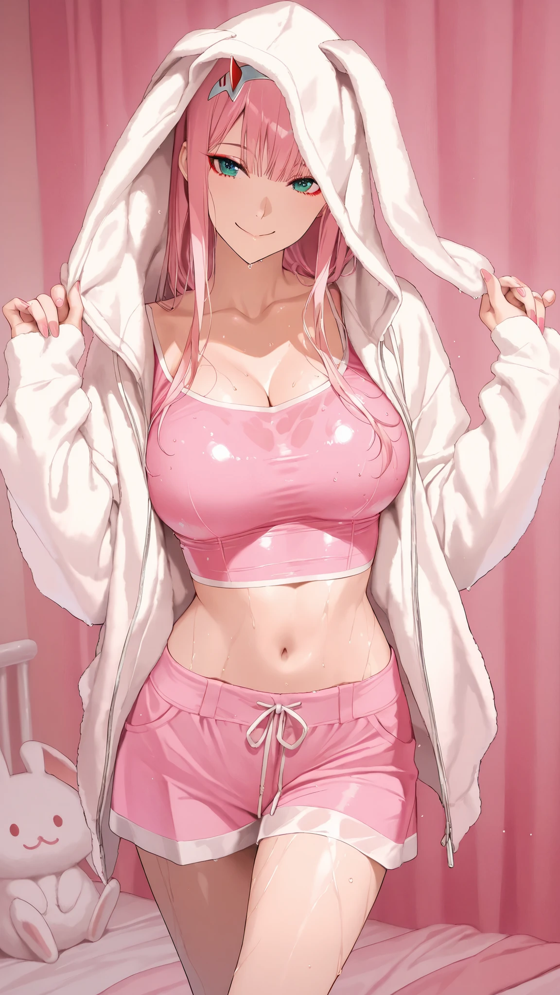 masterpiece, 1 girl, beautiful woman, Zero Two, wearing a pink crop top with a fuzzy white rabbit ear hoodie. The hoodie is open, revealing the pink crop top underneath. wet、Big Breasts、nails, pink nails collors, smile girls, in bedroom, bedroom background, colorful, vibrant, Shining Contours 、Official Art、viewer, masterpiece, is very beautiful、BEST QUALITY , 8k , masterpiece , beautiful woman , perfect body , very detailed skin ,