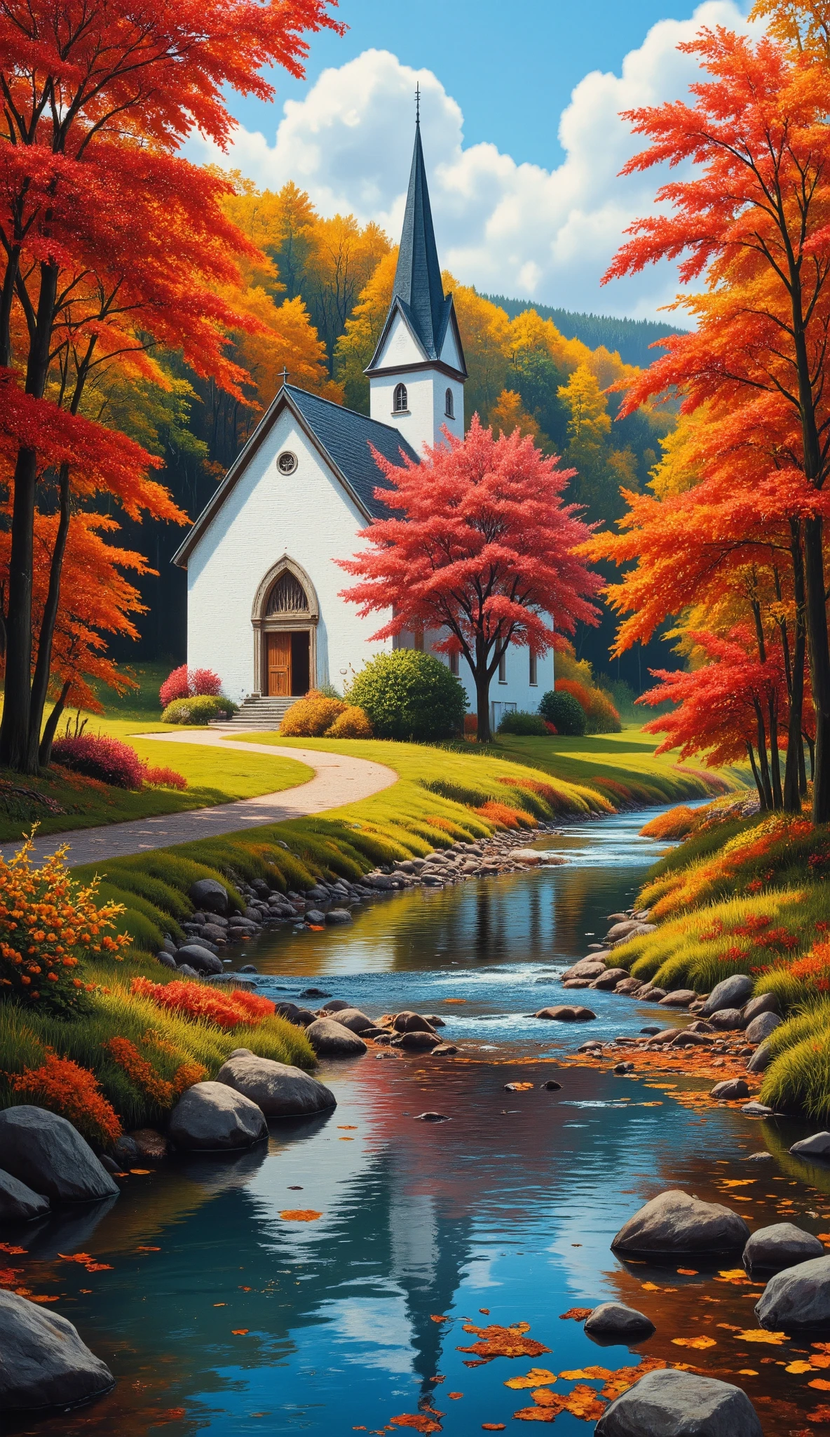 I'm imagining、A Masterpiece of Autumn Forest Paintings 、 bright color 、 spectacular dramatic expression intense style 、 Church in the Forest 、 A Cherry Tree is bearing fruit 、 A Gentle Little River、 crystal water top quality environment 、 Spectacular views 。