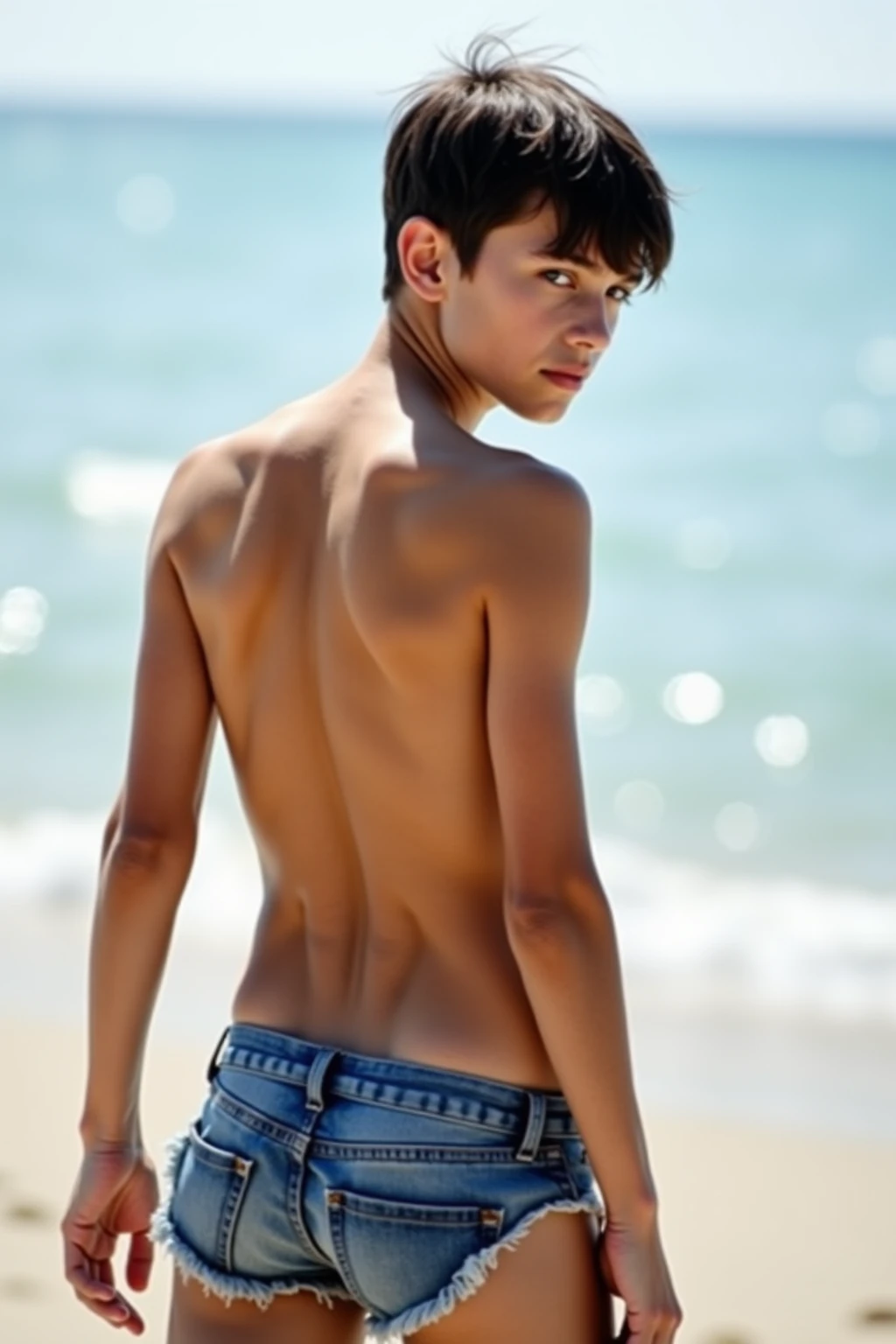 Young 13-year-old boy with red skin and medium-length brown hair at the beach